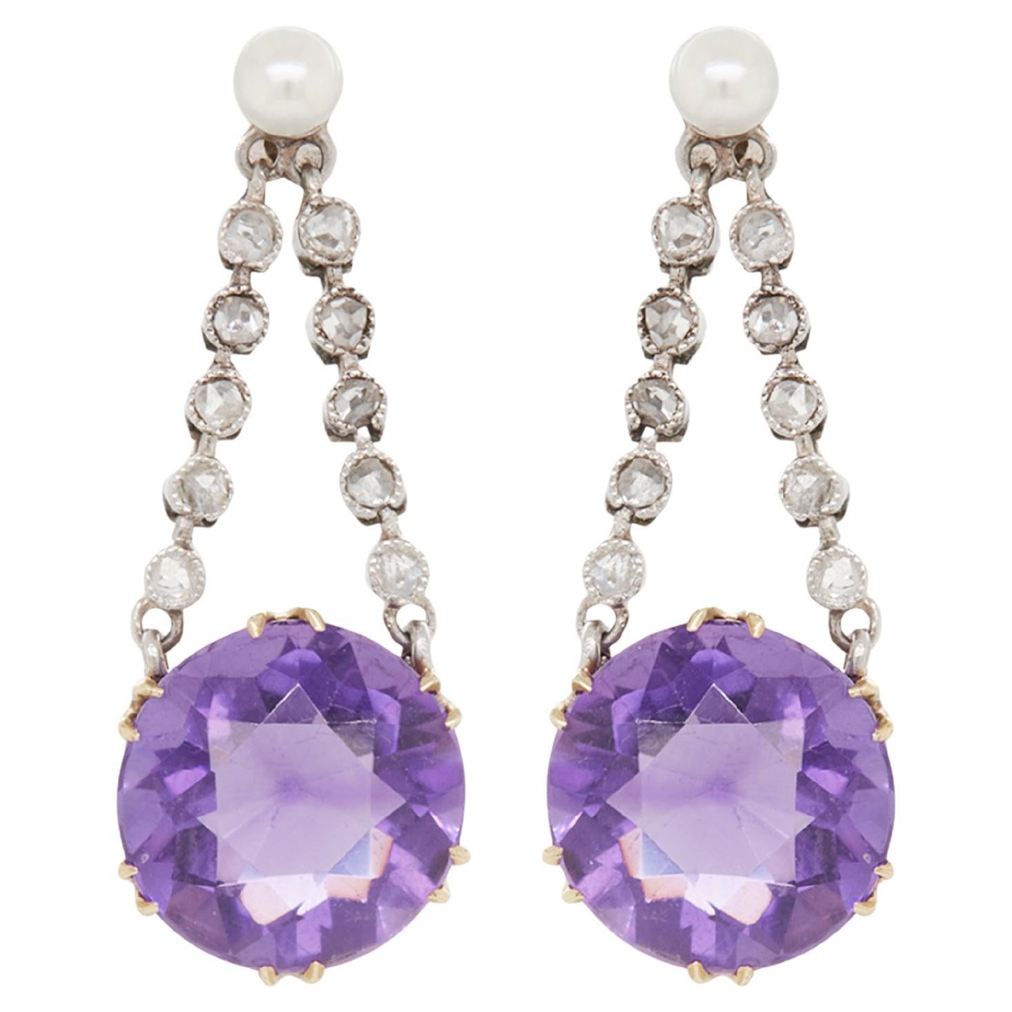 Antike Tropfenohrringe aus Platin und 18 Karat Gelbgold mit Amethyst, Perle und Diamant