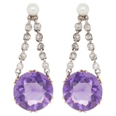 Antique Platinum and 18ct Yellow Gold Amethyst, Pearl and Diamond Drop Earrings