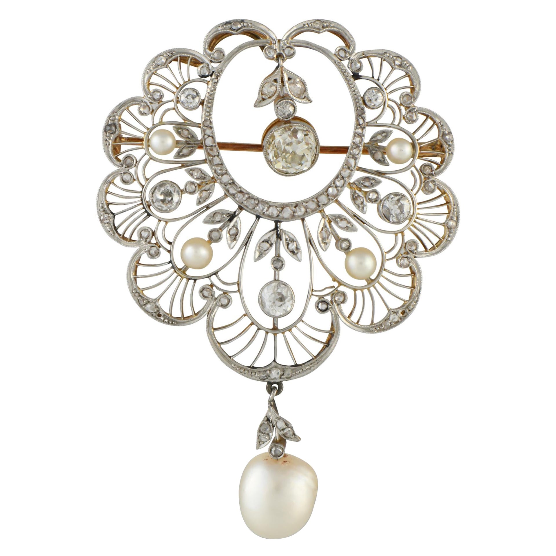 Antique Platinum and 18K Yellow Gold 3.05ct Diamond and Pearl Brooch