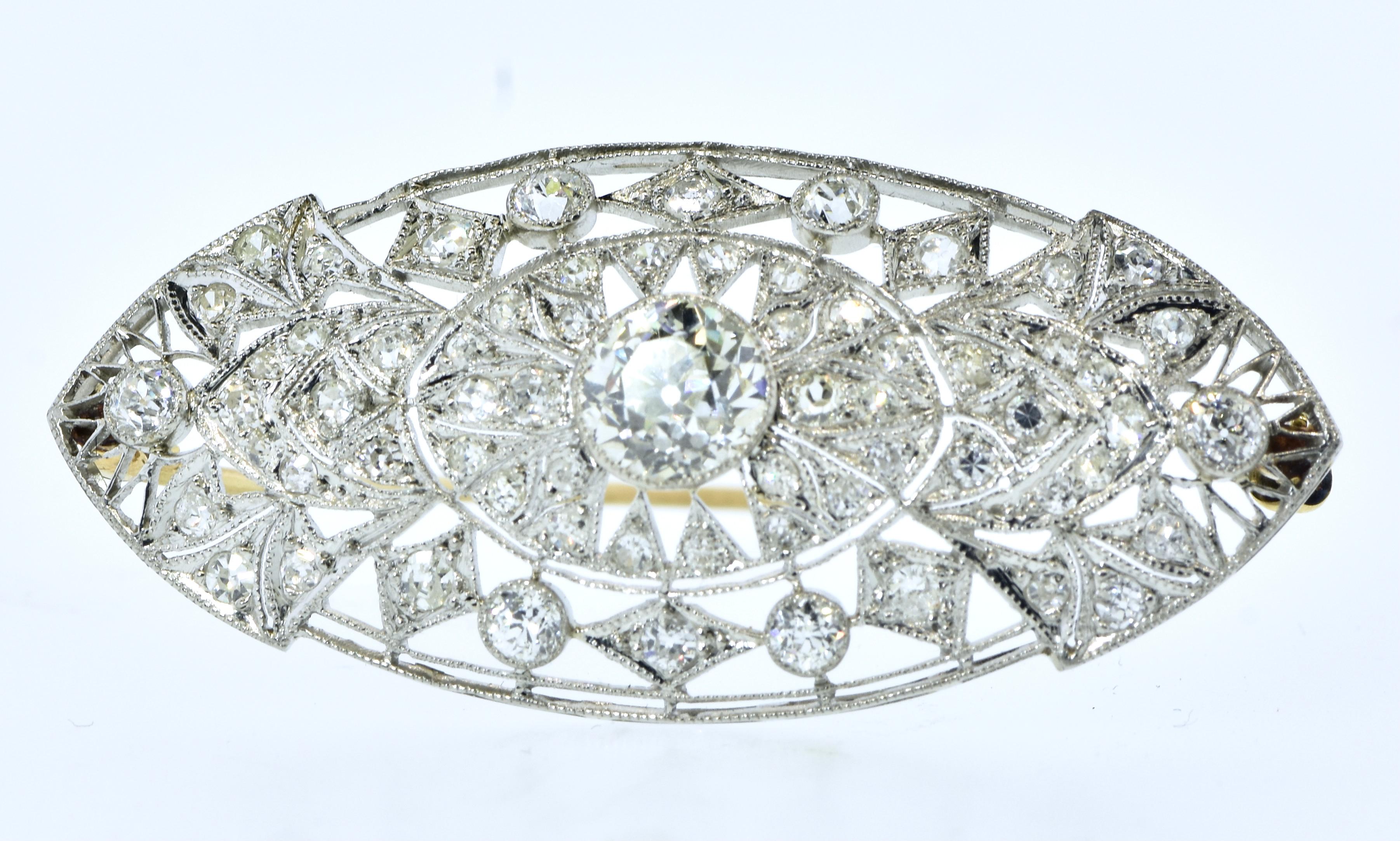 Old European Cut Antique Platinum and Diamond, 2.76 cts, Large and Substantial Brooch, circa 1912 For Sale