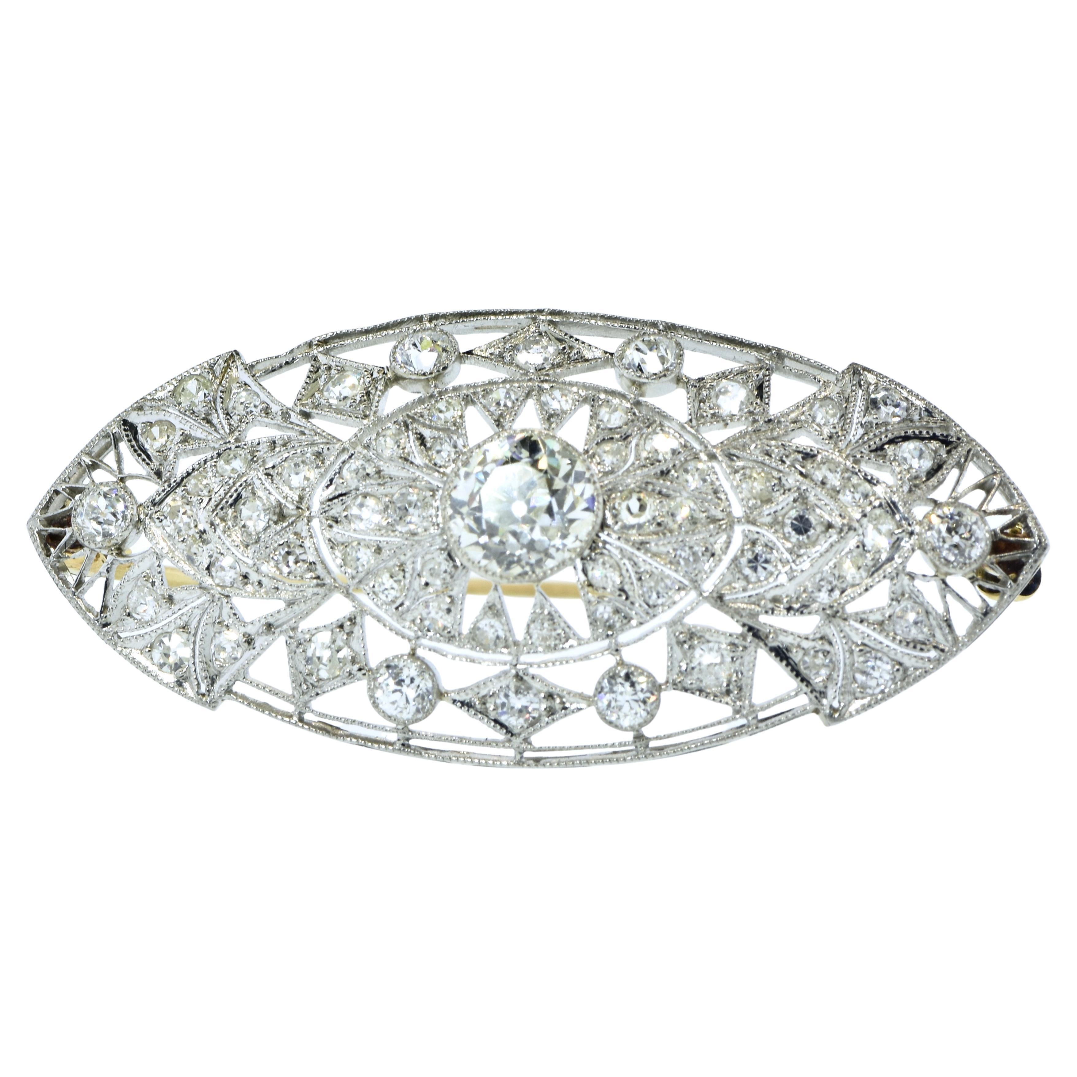 Antique Platinum and Diamond, 2.76 cts, Large and Substantial Brooch, circa 1912 For Sale