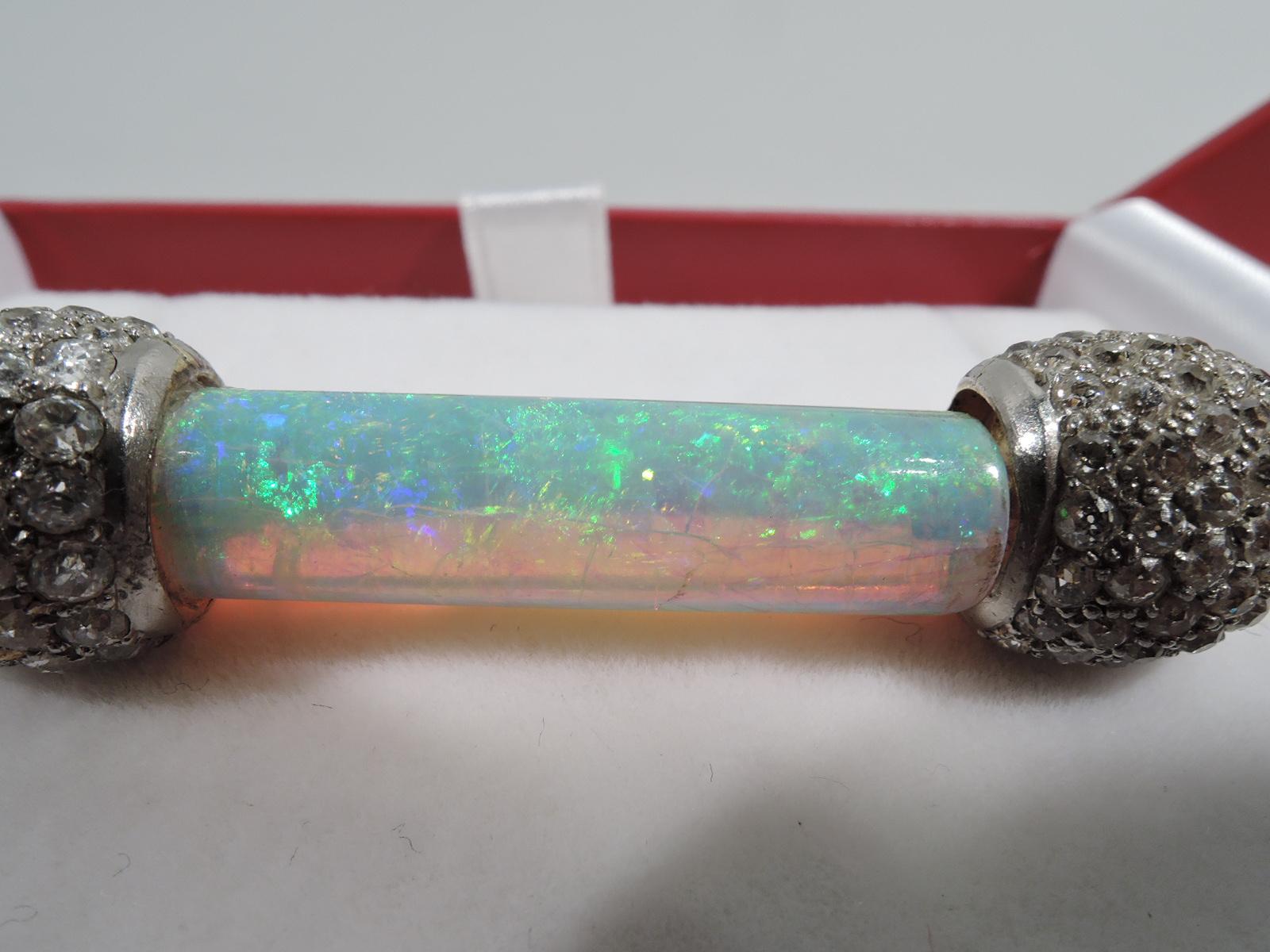 Edwardian Antique Platinum and Diamond Brooch with Fiery Pipe Opal For Sale