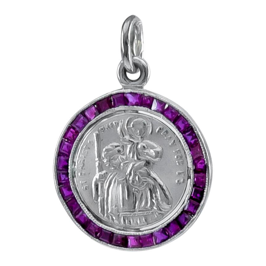 Antique Platinum and Ruby St. Christopher's Medal