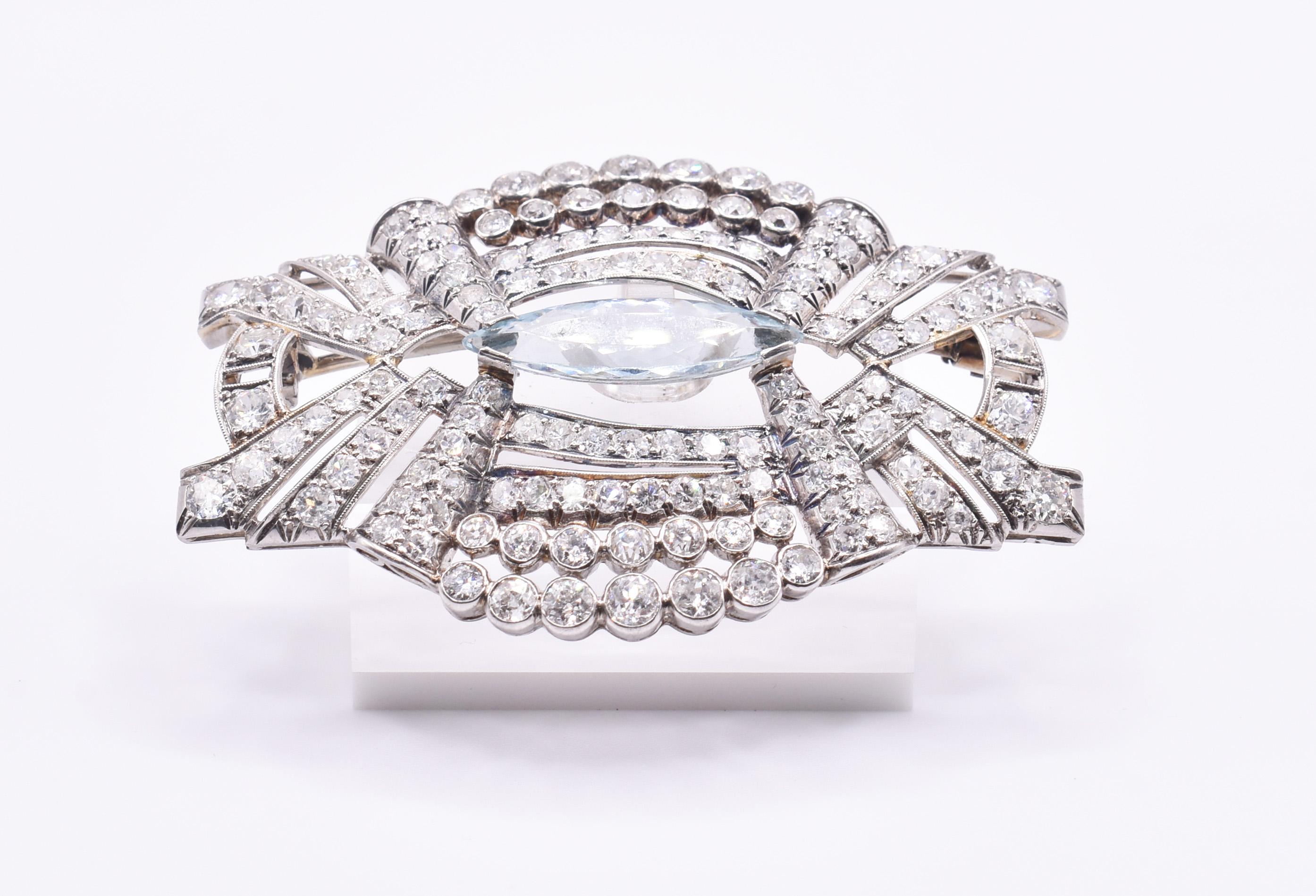 Old European Cut Antique Platinum Aquamarine and Diamond Brooch For Sale