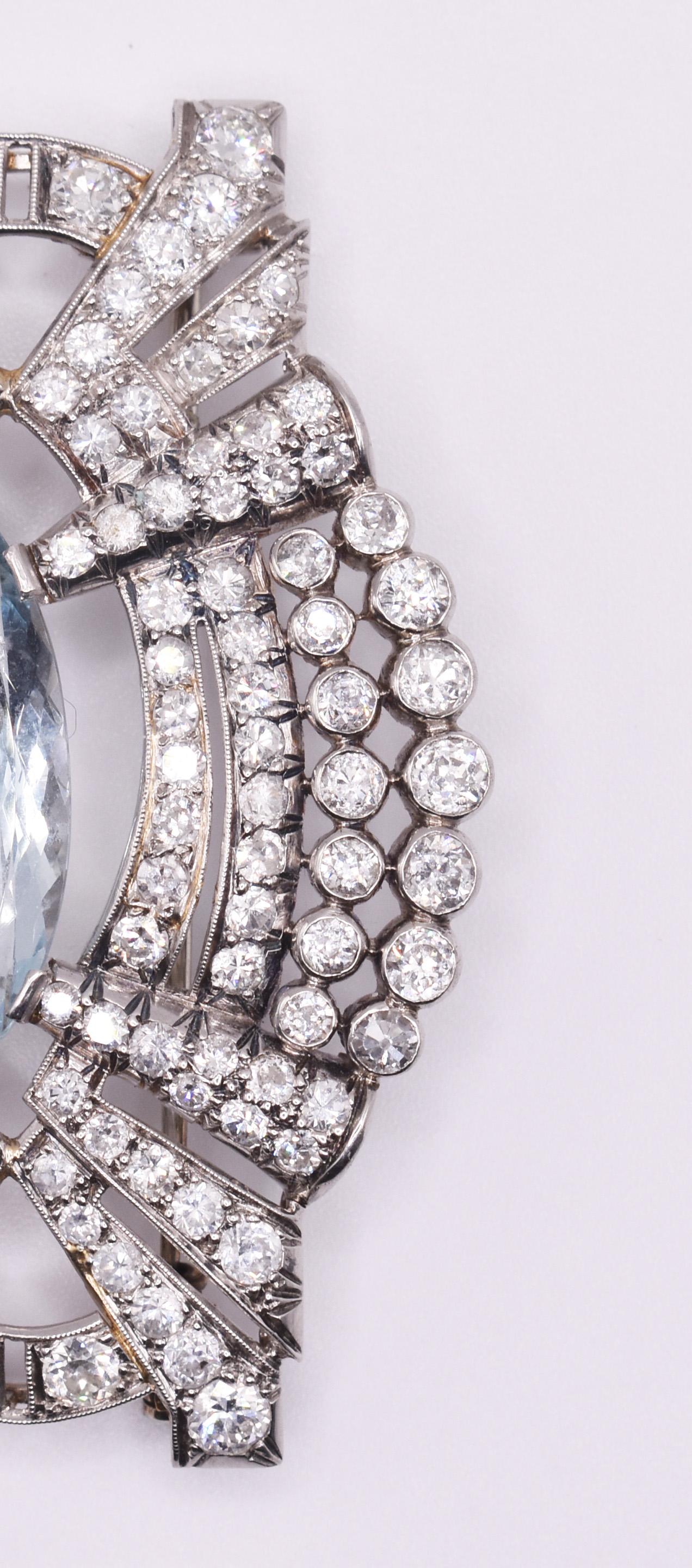Women's Antique Platinum Aquamarine and Diamond Brooch For Sale