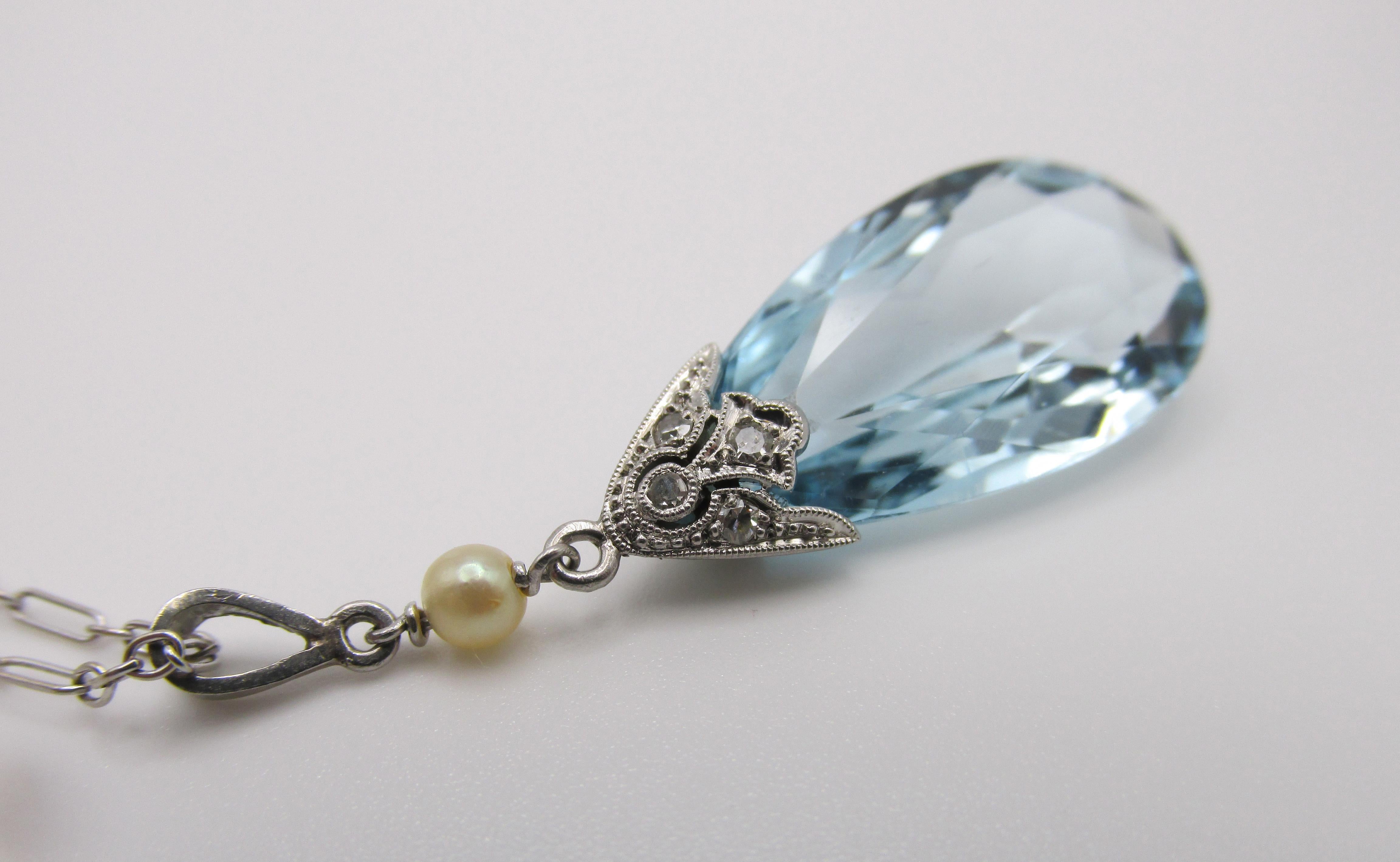 Edwardian Aquamarine, Pearl, Platinum, 14k Gold, Blue Wedding Pendant Necklace