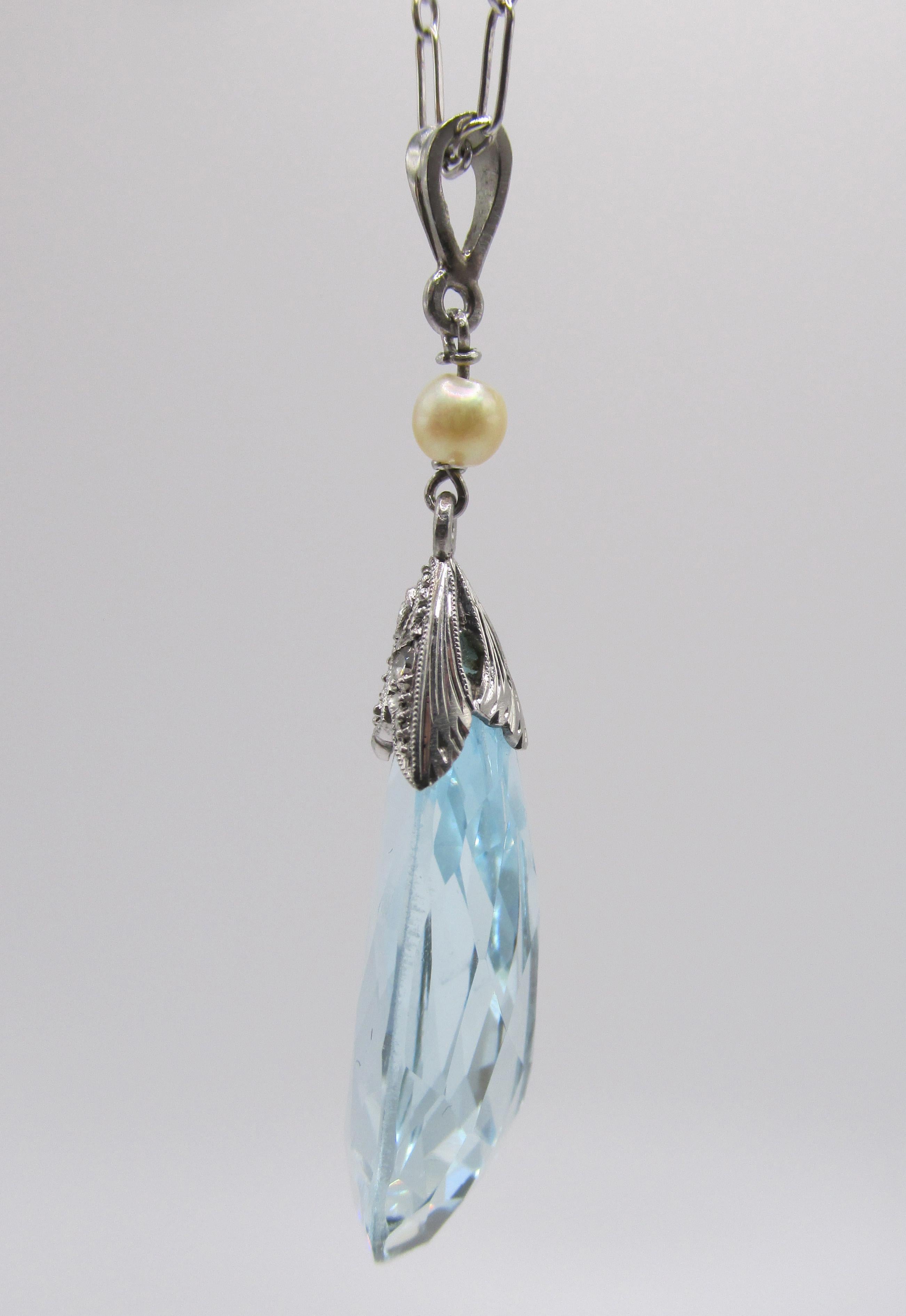 Aquamarine, Pearl, Platinum, 14k Gold, Blue Wedding Pendant Necklace In Good Condition In Yellville, AR