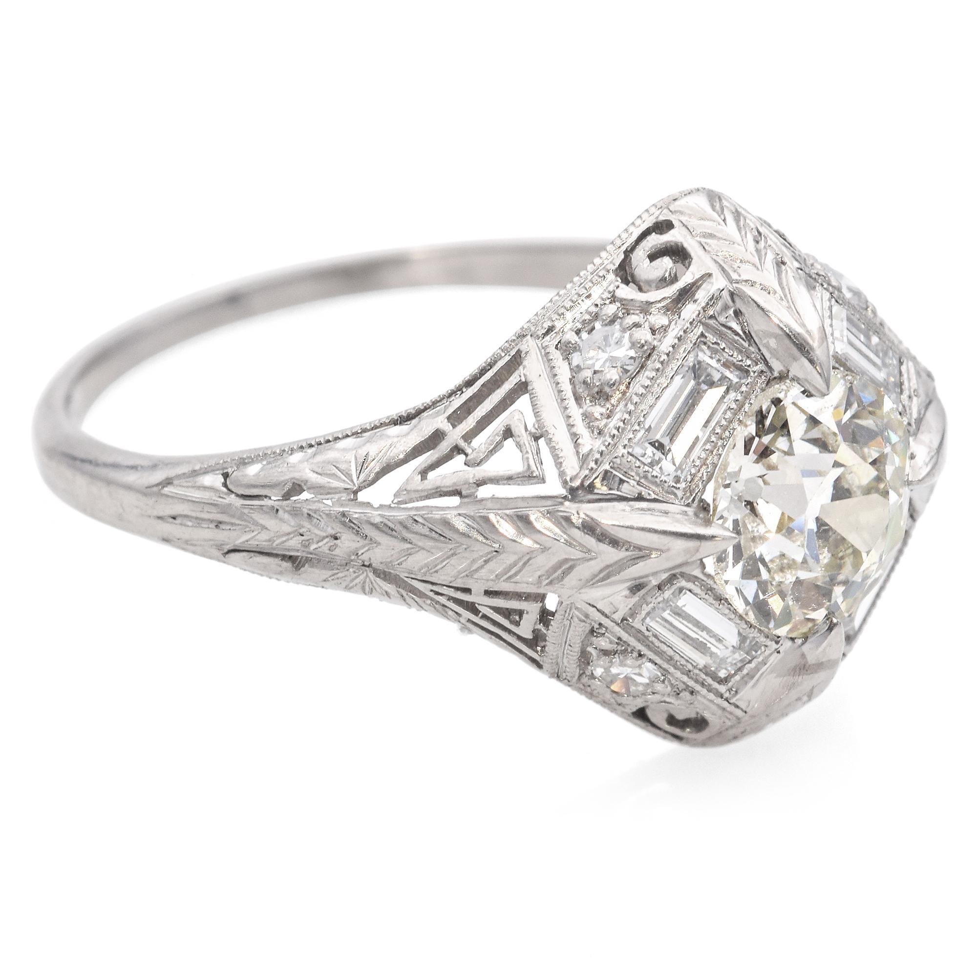 Women's Antique Platinum Art Deco 0.82ct Old European Cut Diamond Filigree Ring GIA