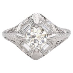 Antique Platinum Art Deco 0.82ct Old European Cut Diamond Filigree Ring GIA