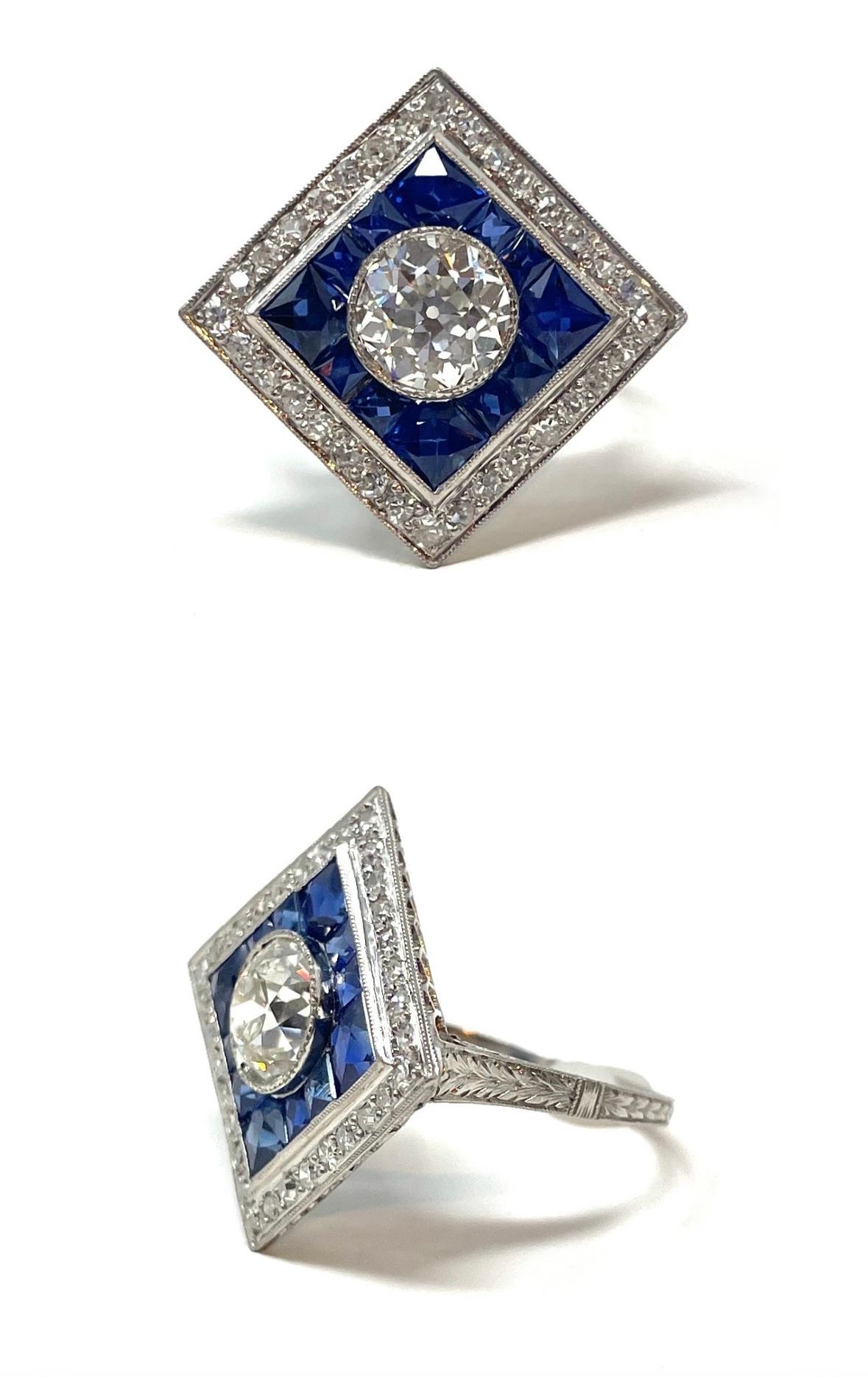 Bague Art déco ancienne en platine avec diamants et saphirs en vente 3