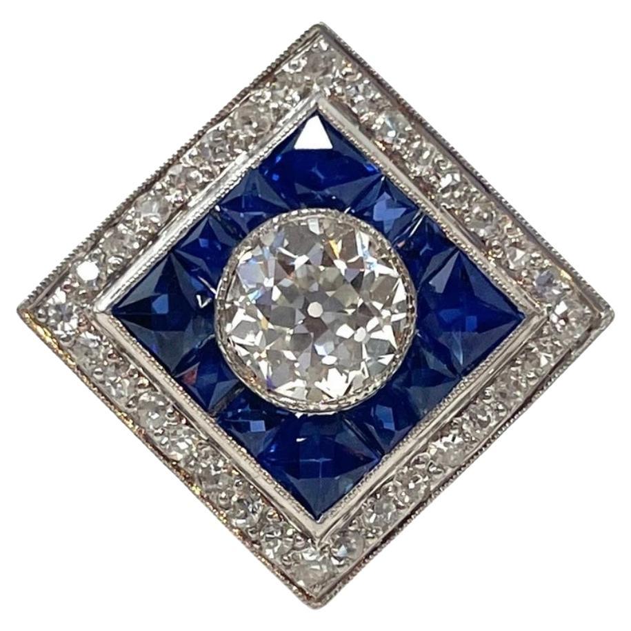 Antique Platinum Art Deco Diamond and Sapphire Ring