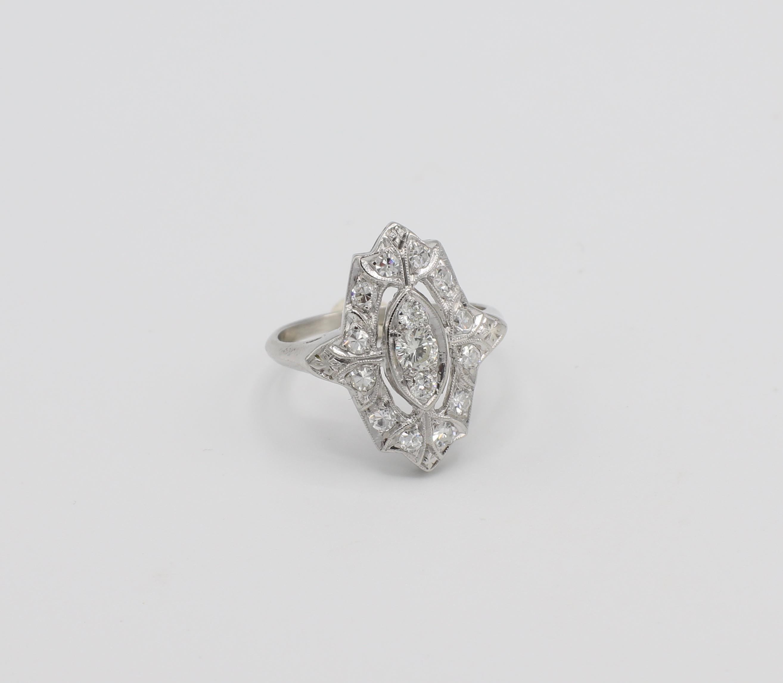 Round Cut Antique Platinum Art Deco Diamond Navette Ring