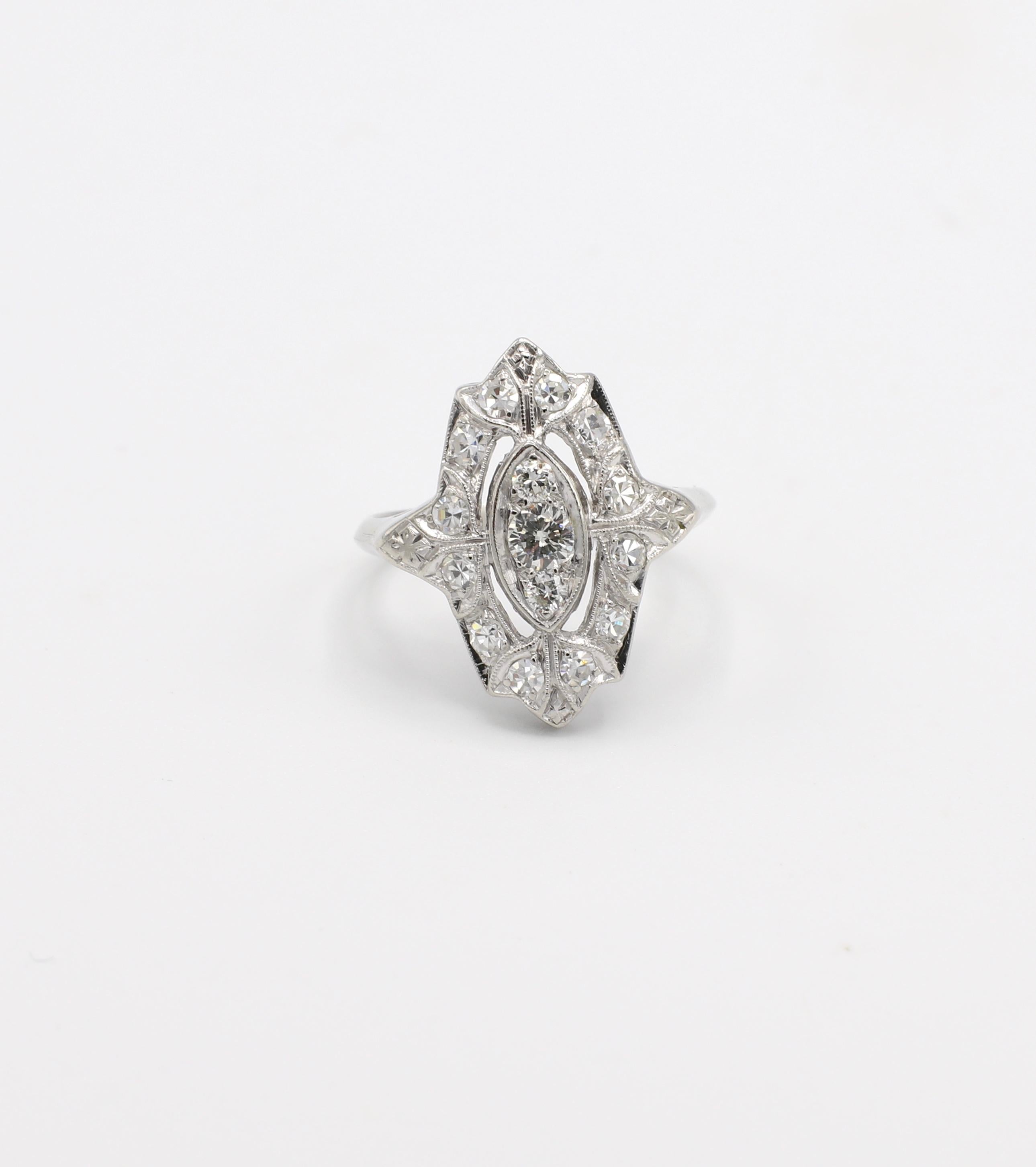 Antique Platinum Art Deco Diamond Navette Ring 2