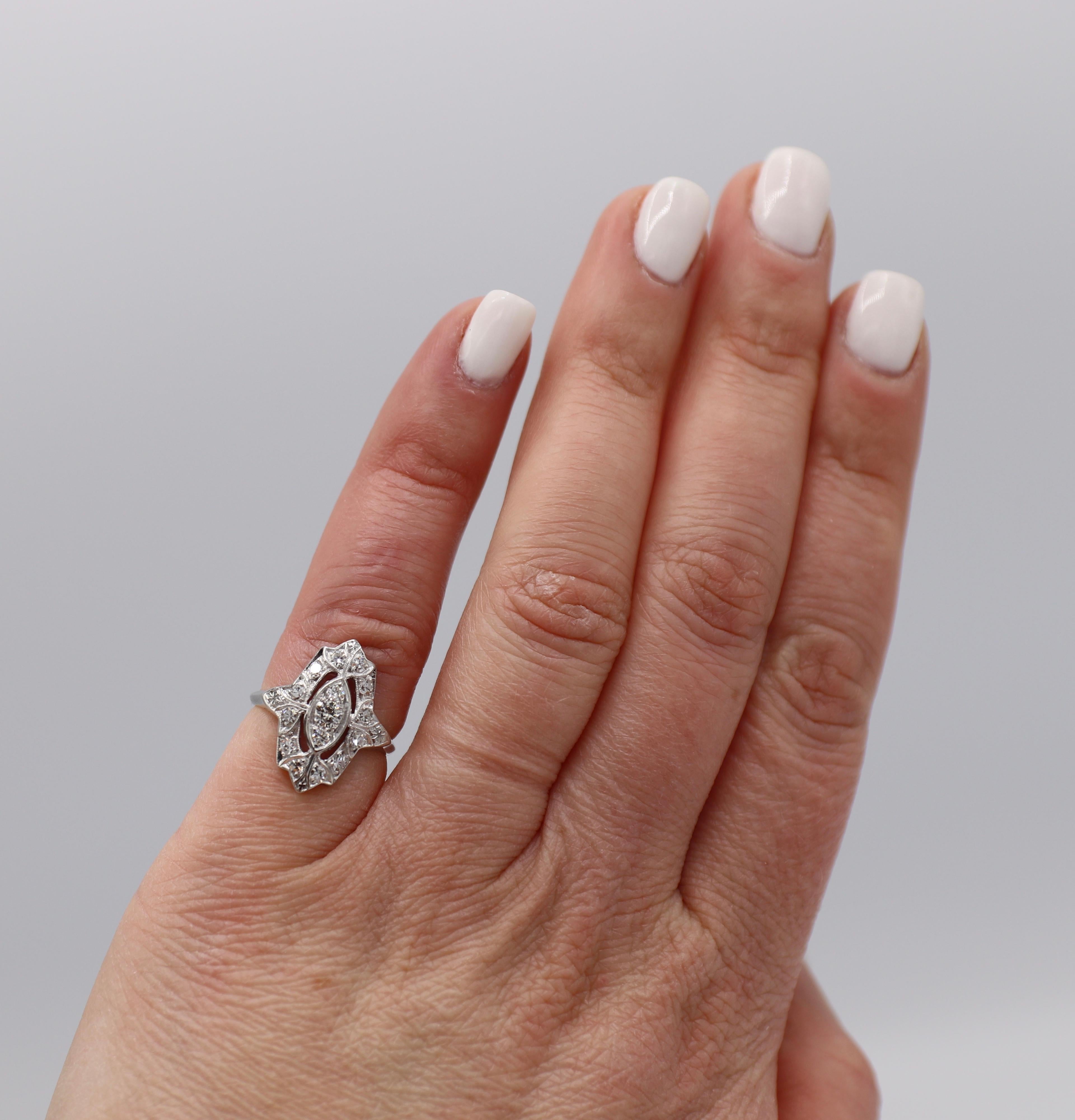 Antique Platinum Art Deco Diamond Navette Ring 3