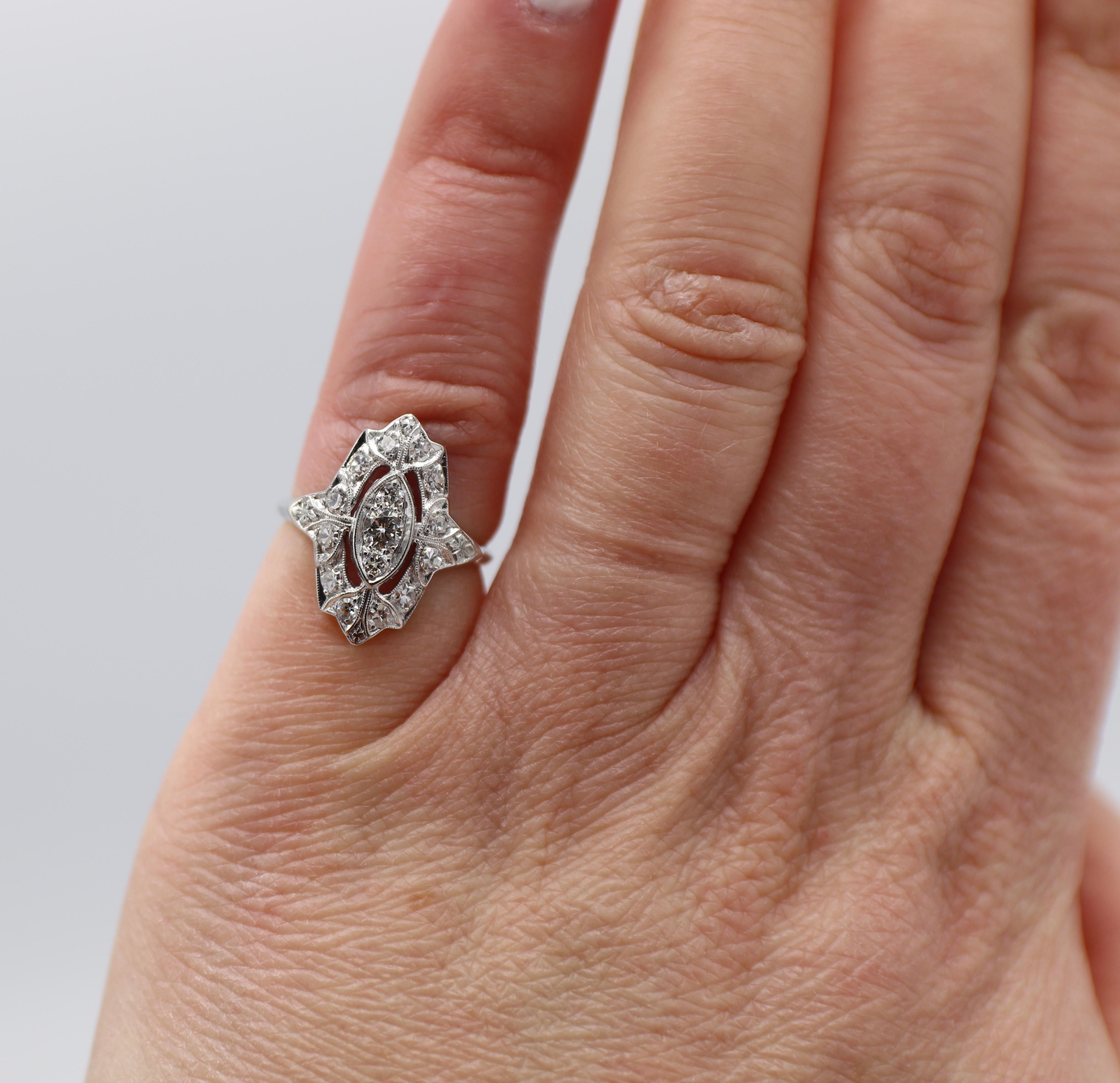 Antique Platinum Art Deco Diamond Navette Ring 4