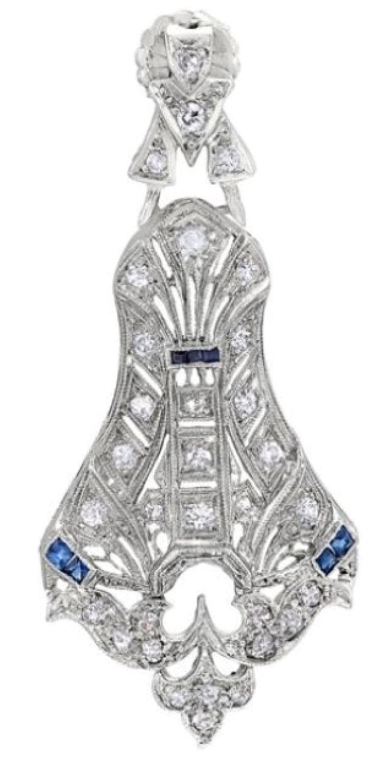 French Cut Antique Platinum Art Deco Diamond & Sapphire Earrings with Filigree & Engraving For Sale