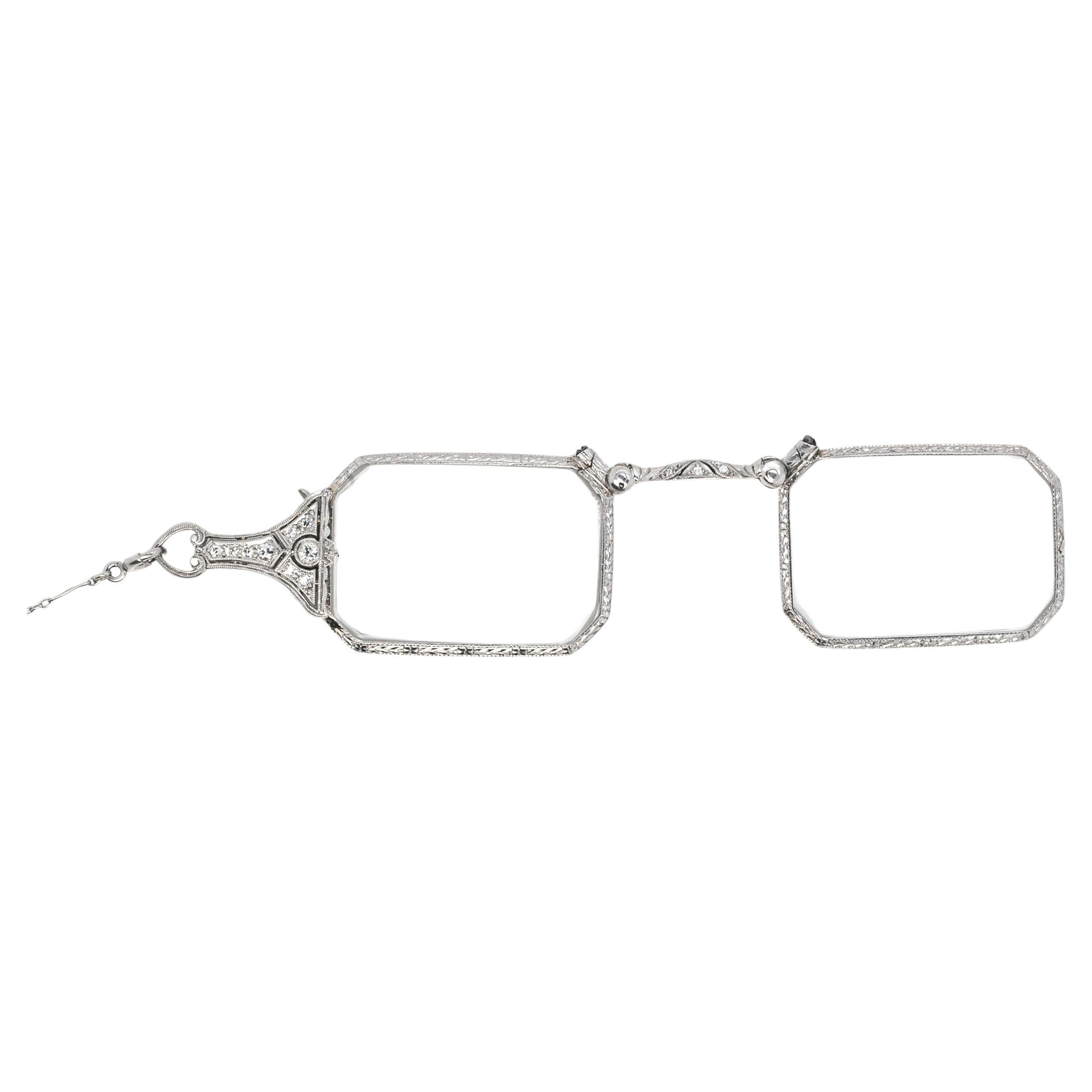 Antike Platin Art Deco Lorgnette klappbare Augengläser mit Lariat Kette, Art déco