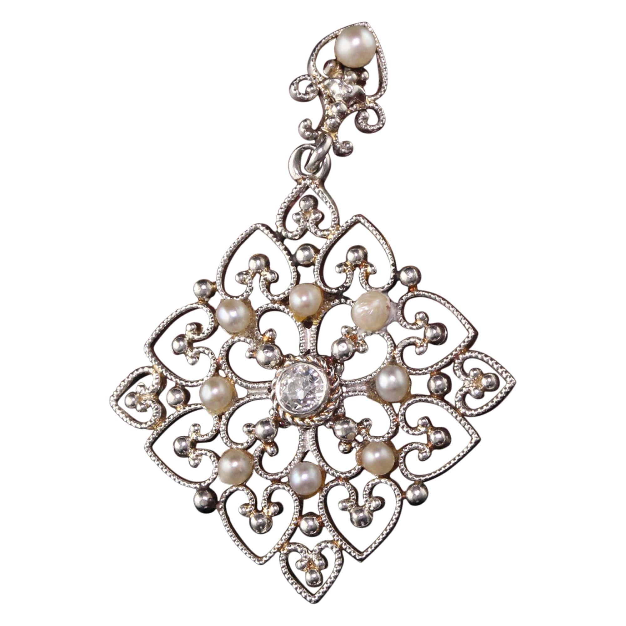 Antique Platinum Art Deco Old European Diamond and Pearl Pendant