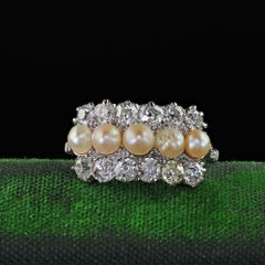 Antique Platinum Art Deco Old Mine Diamond and Pearl Three Row Ring
