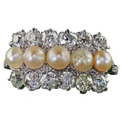 Antique Platinum Art Deco Old Mine Diamond and Pearl Three Row Ring