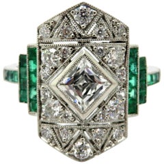 Antique Platinum Art Deco Style French Cut Diamond and Emerald Engagement Ring