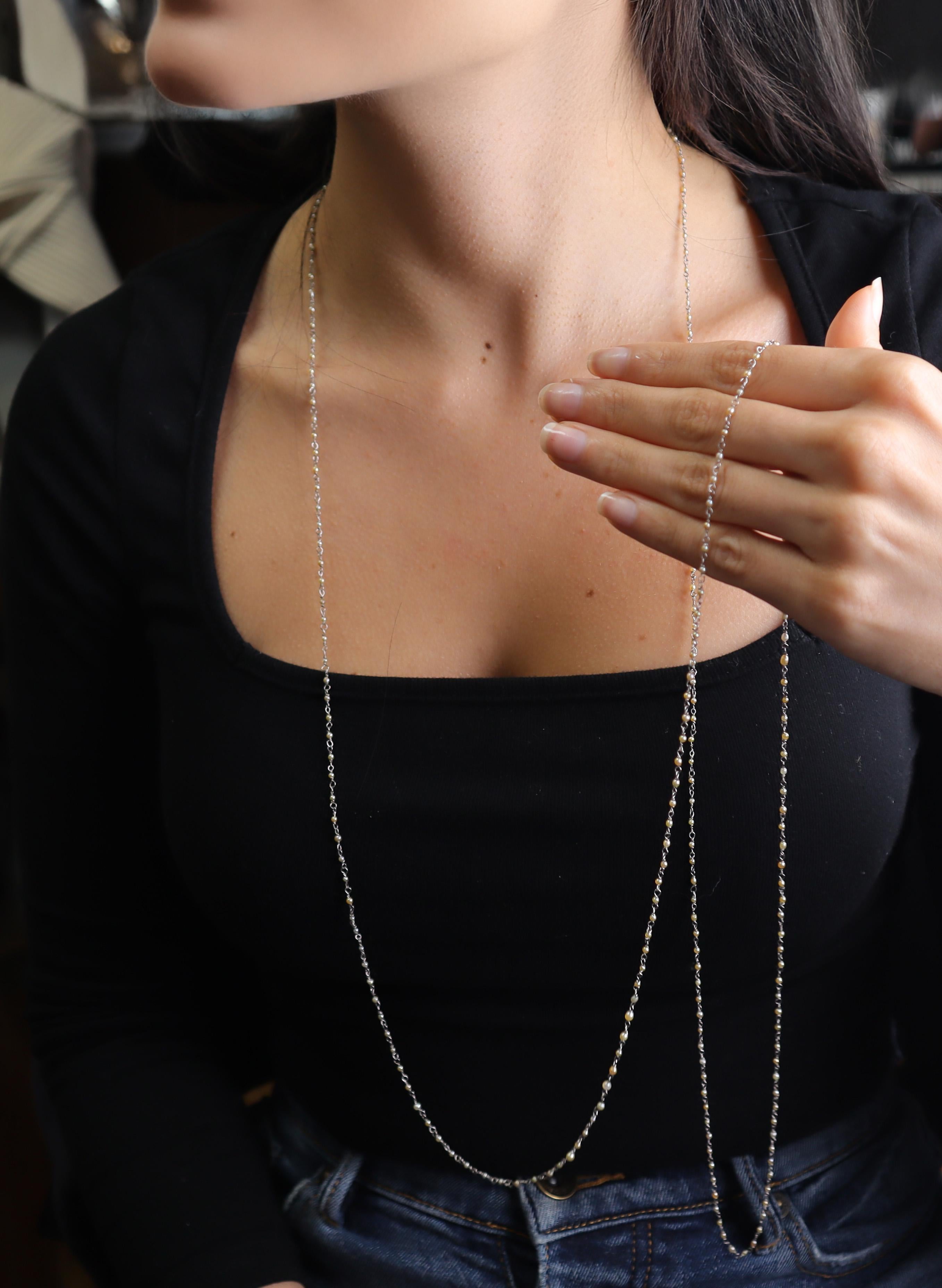 Antique Platinum Chain with Natural Micro Pearls 58 inches In condizioni buone in vendita a Aventura, FL