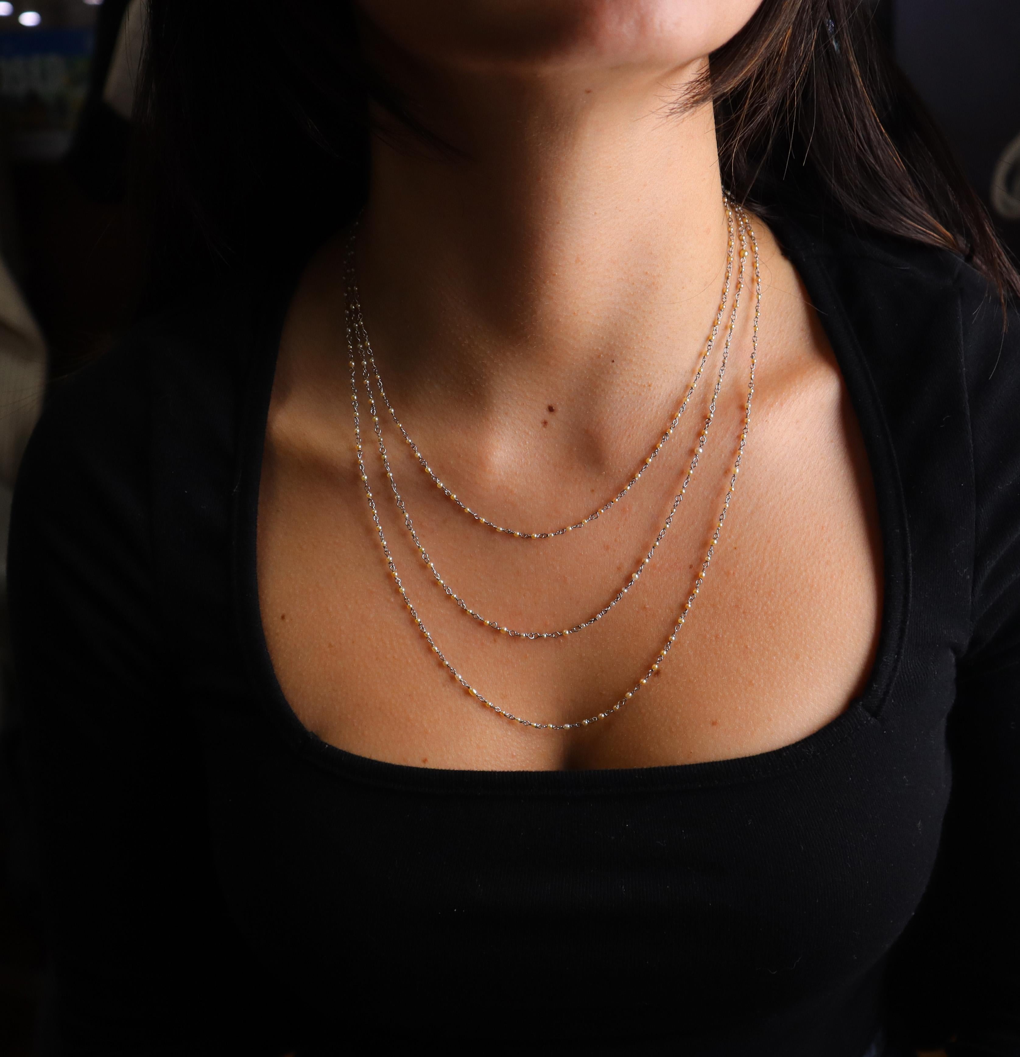 Antique Platinum Chain with Natural Micro Pearls 58 inches