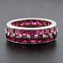 Antique Platinum Channel Square Step Cut Ruby & Diamond Wide Eternity Band Ring