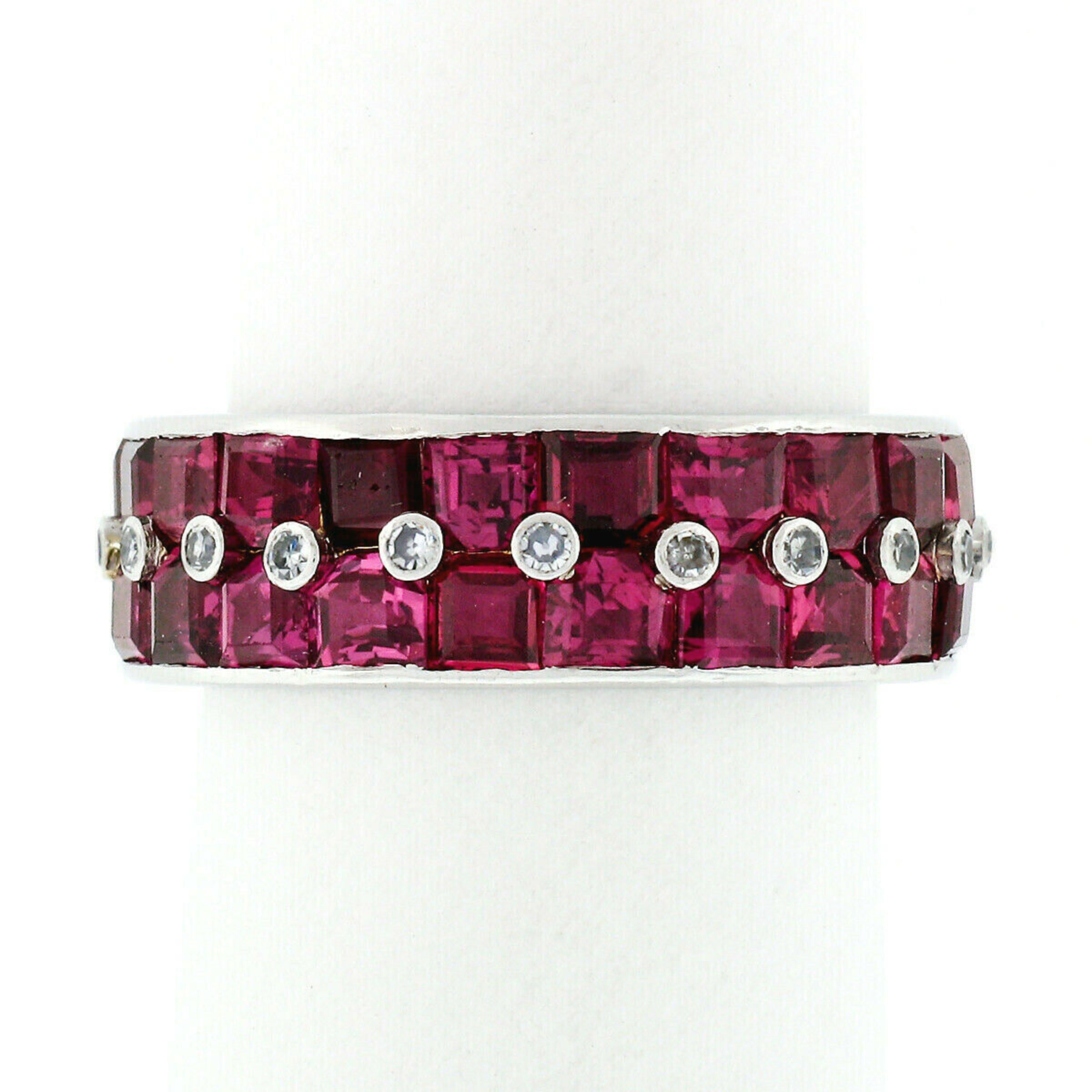 Edwardian Antique Platinum Channel Square Step Cut Ruby & Diamond Wide Eternity Band Ring
