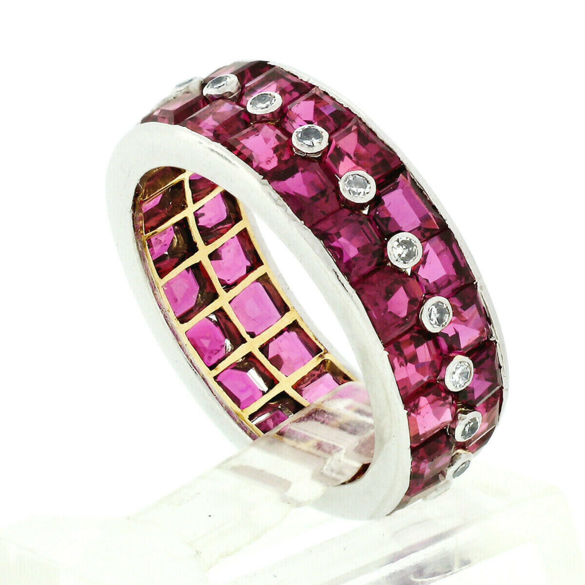 Square Cut Antique Platinum Channel Square Step Cut Ruby & Diamond Wide Eternity Band Ring
