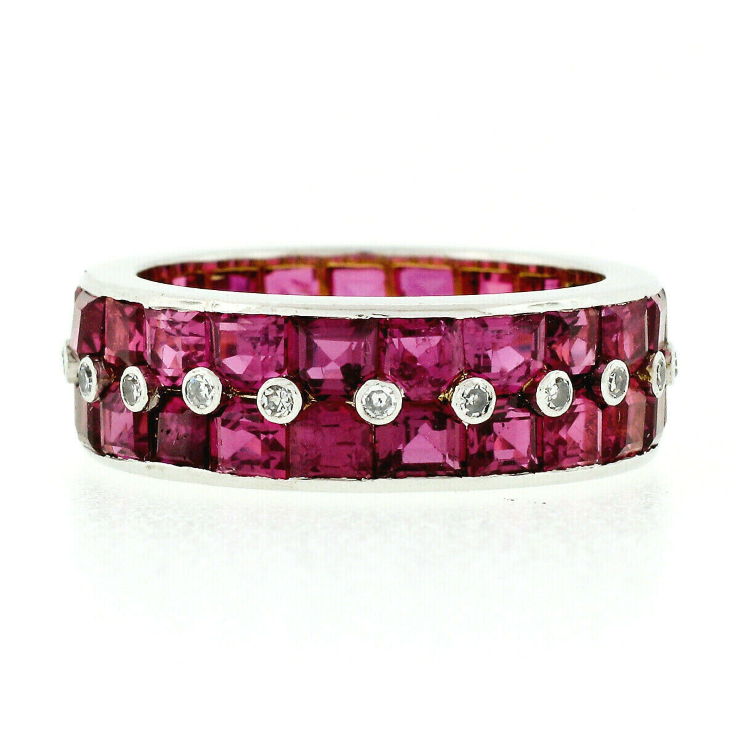 Antique Platinum Channel Square Step Cut Ruby & Diamond Wide Eternity Band Ring 1