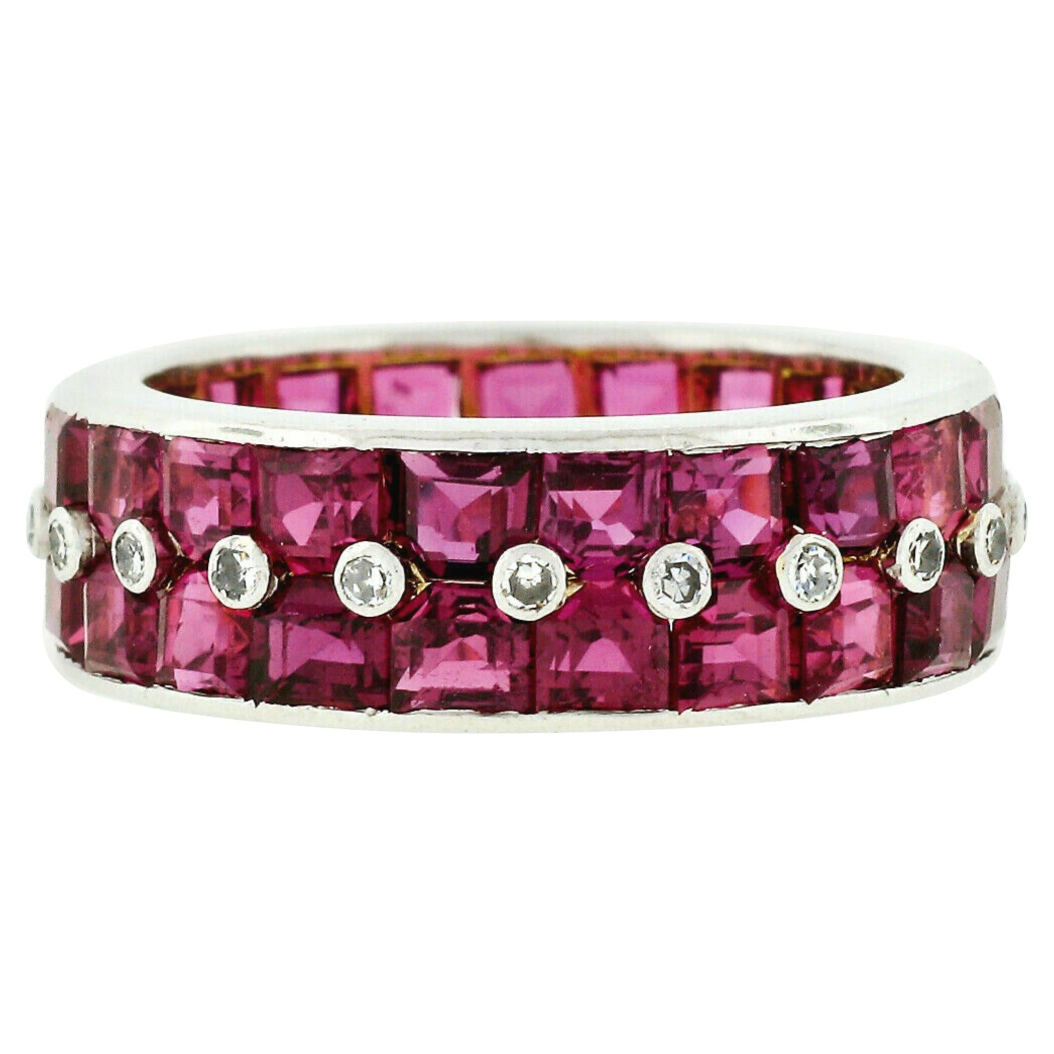 Antique Platinum Channel Square Step Cut Ruby & Diamond Wide Eternity Band Ring
