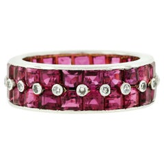 Antique Platinum Channel Square Step Cut Ruby & Diamond Wide Eternity Band Ring