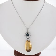 Antique Platinum Citrine Teal Sapphire & Old Cut Diamond Teardrop Pendant Chain