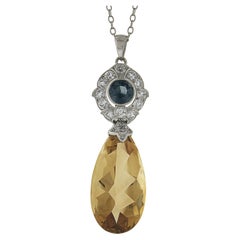 Antique Platinum Citrine Teal Sapphire & Old Cut Diamond Teardrop Pendant Chain