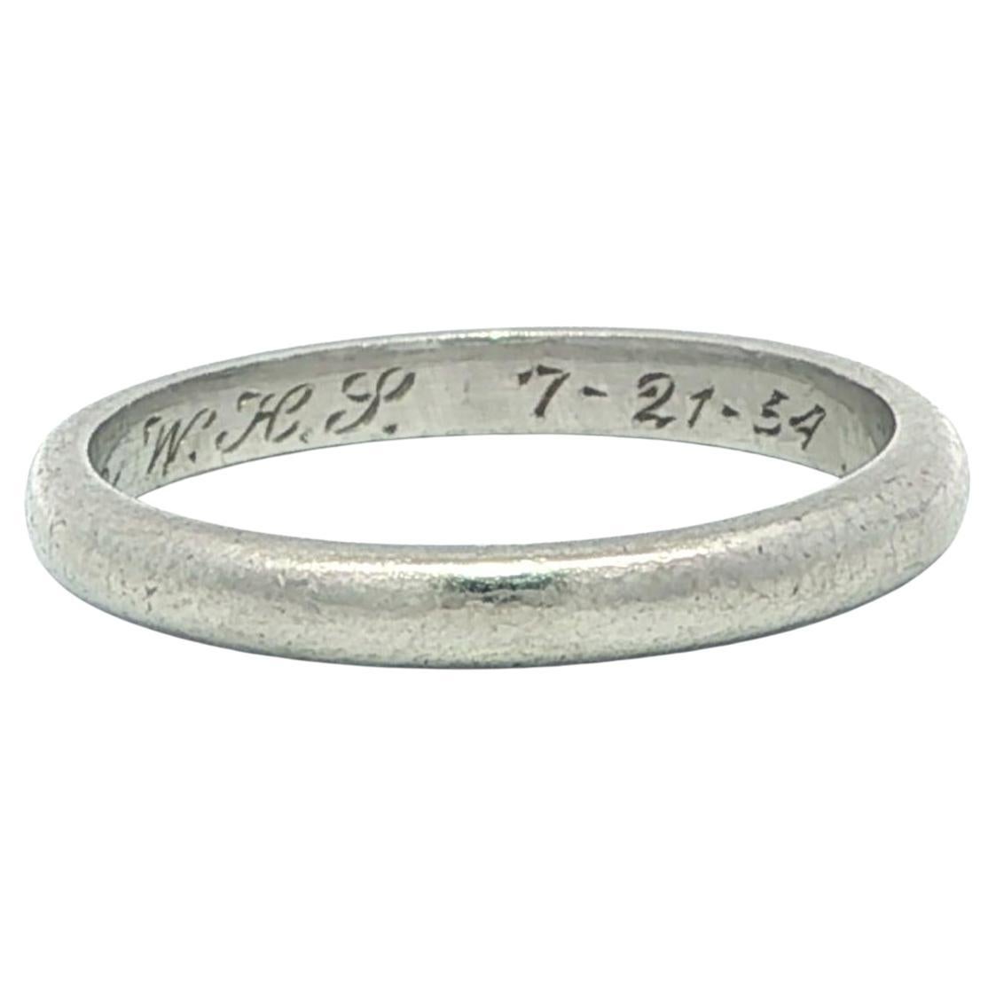Antique Platinum Classic 2.1mm Stackable Band Ring Dated Engraving Inside For Sale