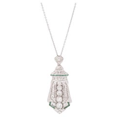 Antique Platinum, Diamond, and Emerald Pendant on Platinum Long Chain