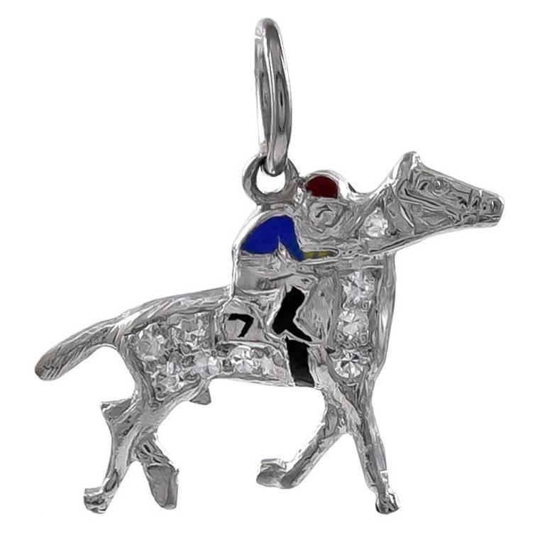Antique Platinum, Diamond and Enamel Horse Racing Charm