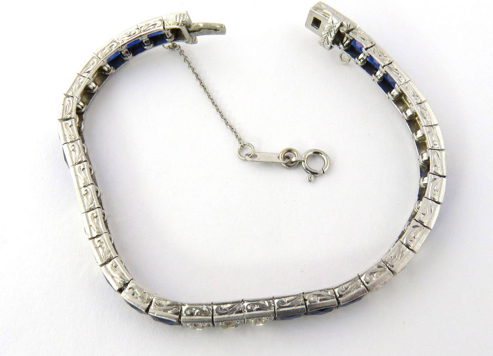 Antique Platinum Diamond and Sapphire Bracelet In Excellent Condition In Washington Depot, CT