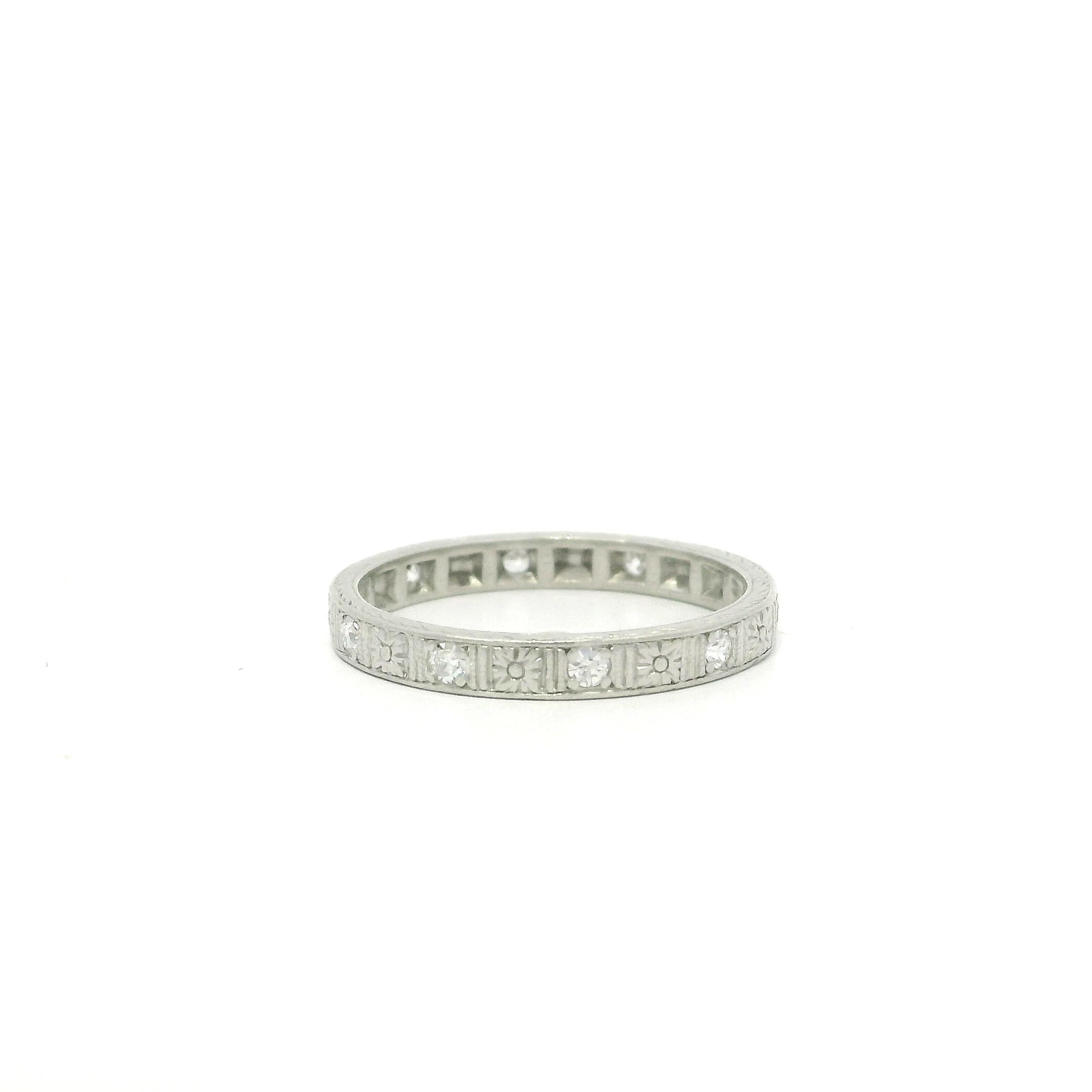Antique Platinum Diamond Band Floral Wheat Work Engraved Eternity Stack Ring For Sale