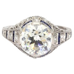 Anello antico in platino con diamanti e zaffiri blu - misura 5