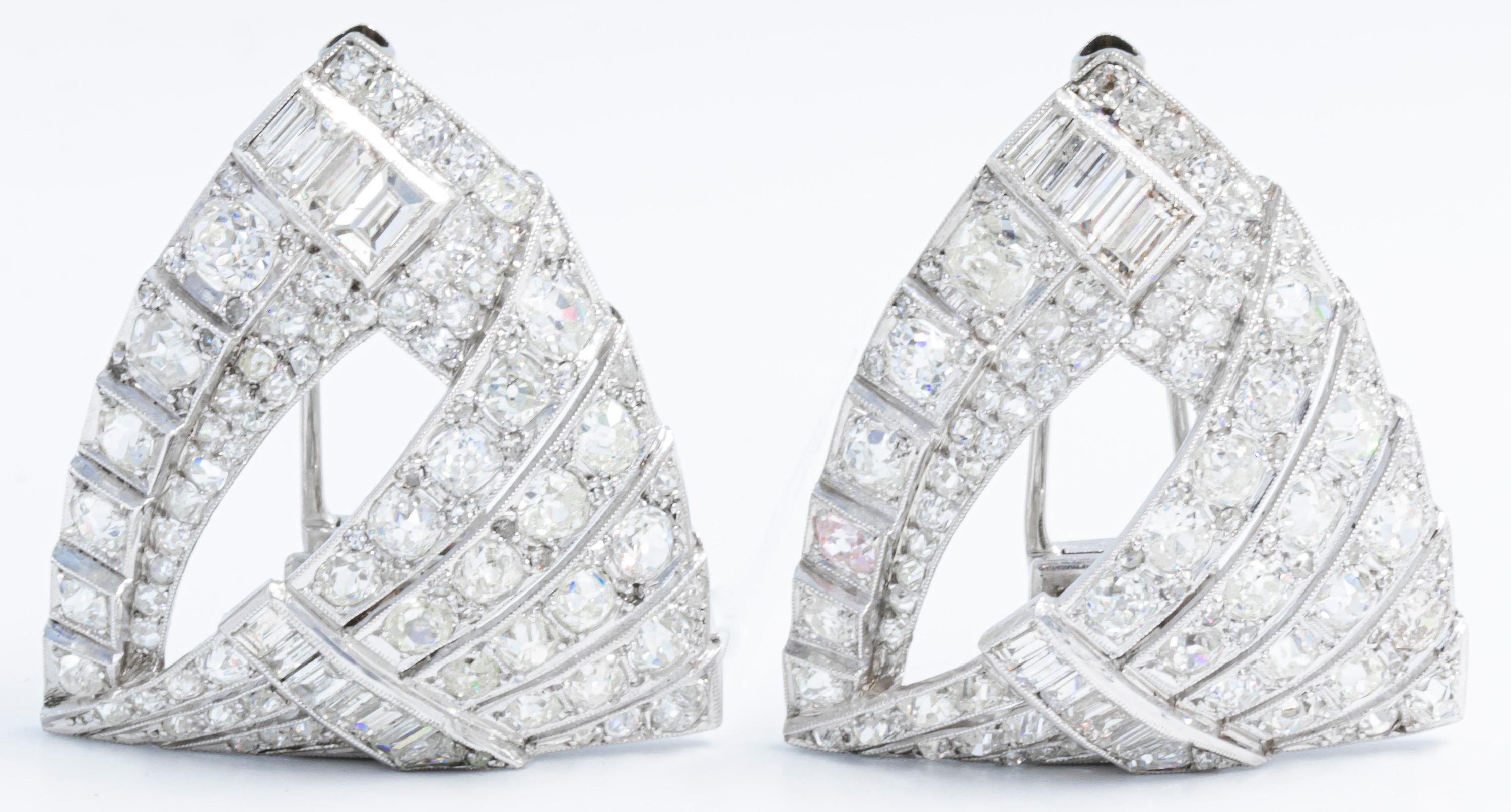Baguette Cut Antique Platinum Diamond Clips 'Over 16 Carat of Diamonds'