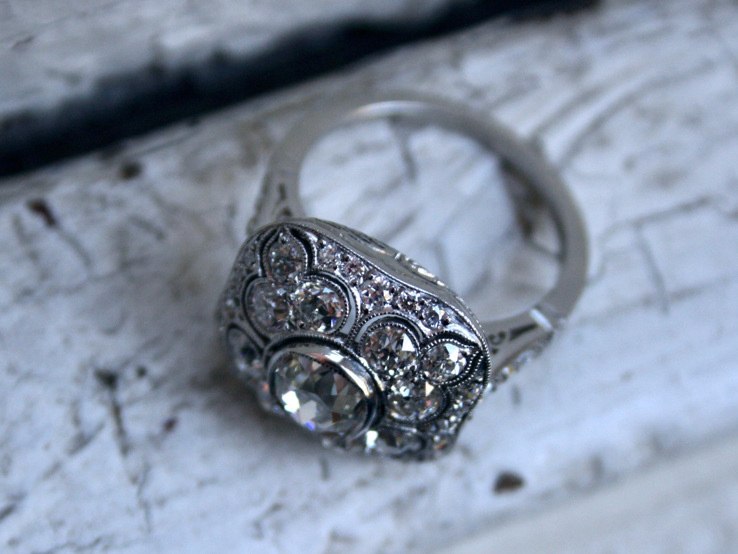 Old Mine Cut Antique Platinum Diamond Cluster Ring Engagement Ring, 3.88 Carat