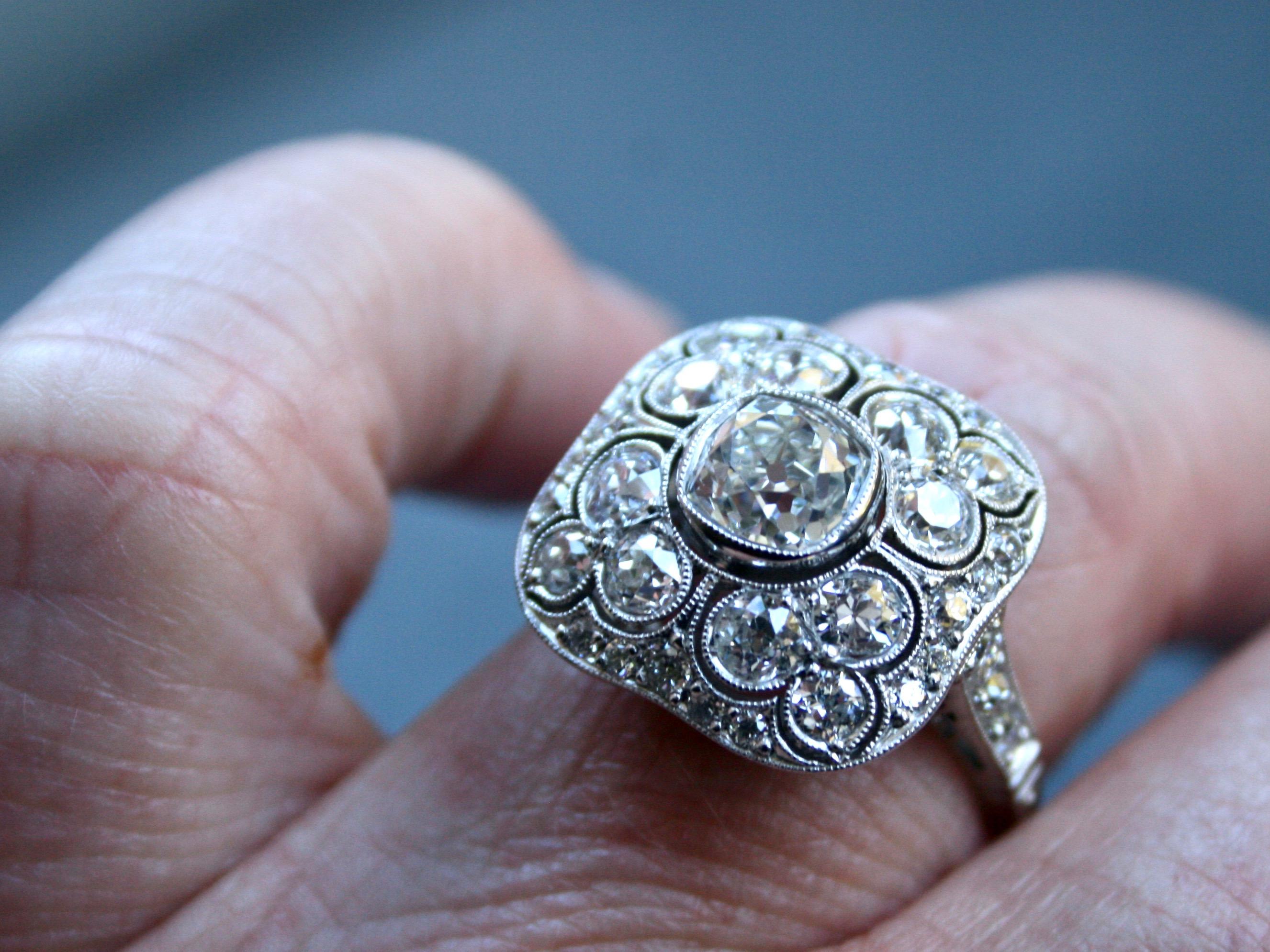 Women's or Men's Antique Platinum Diamond Cluster Ring Engagement Ring, 3.88 Carat