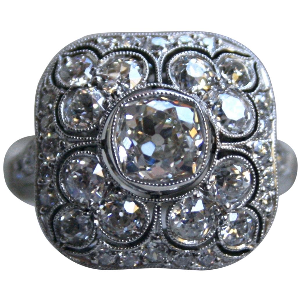 Antique Platinum Diamond Cluster Ring Engagement Ring, 3.88 Carat