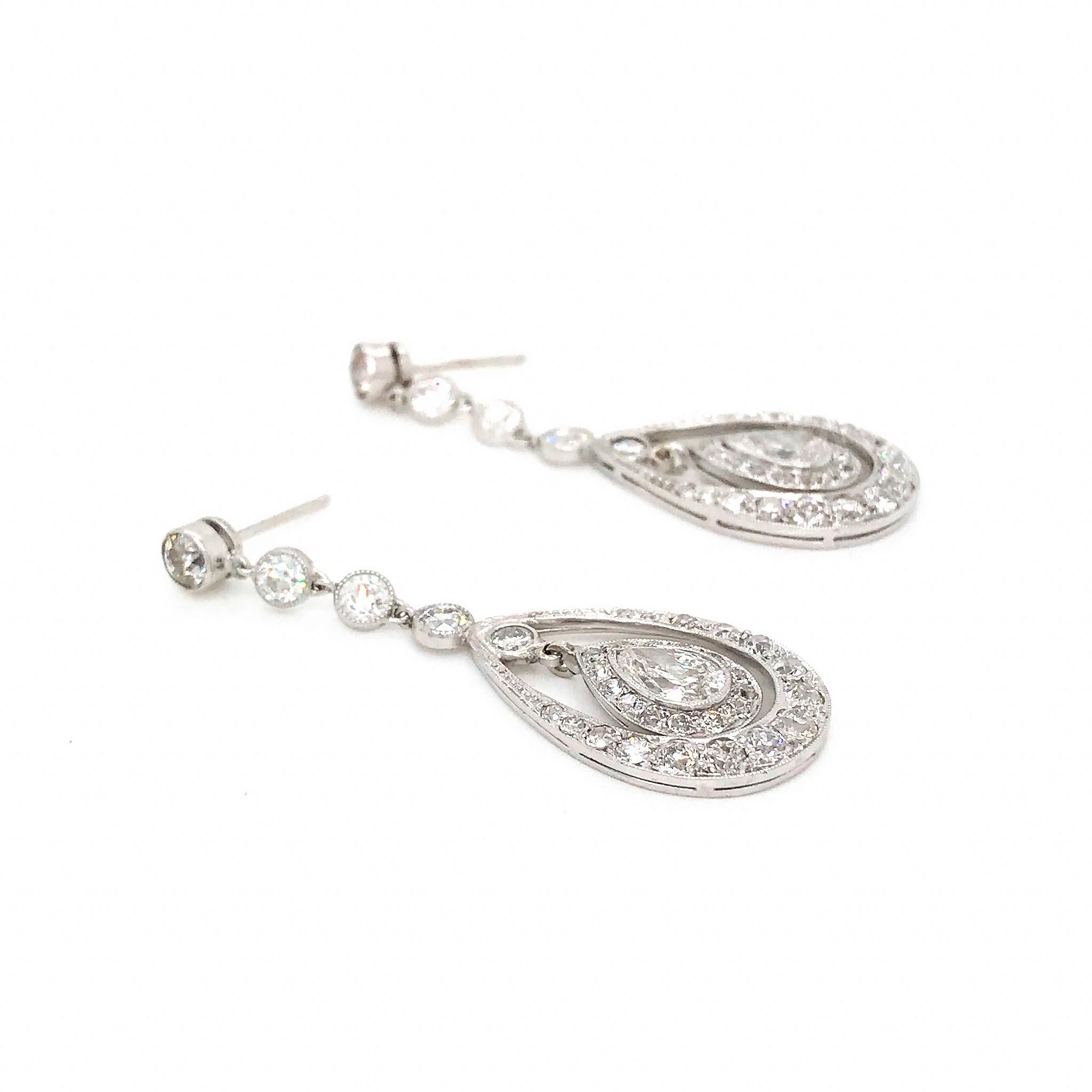 Pear Cut Antique Platinum Diamond Drop Earrings