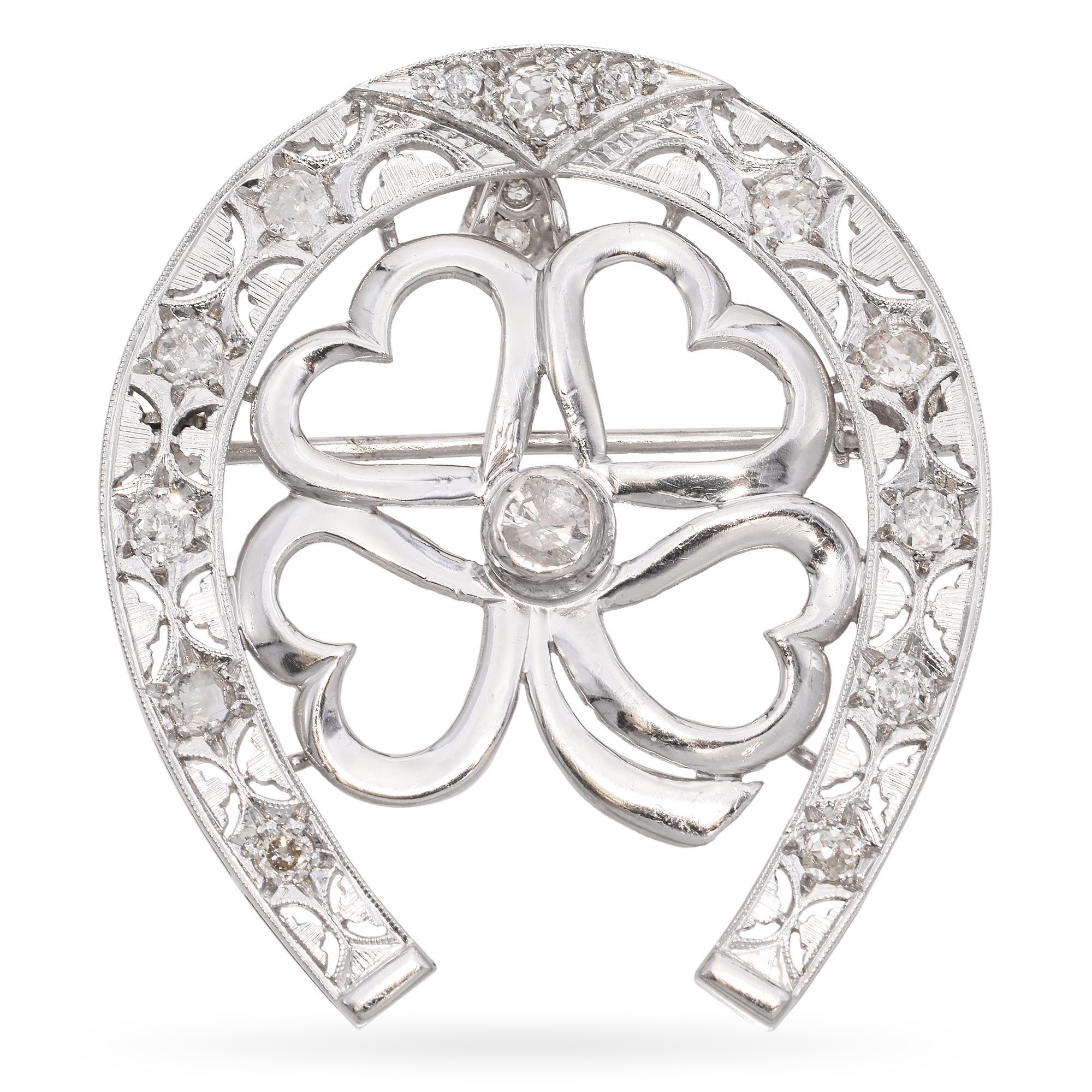 Antike Platin-Brosche mit Hufeisen- und vier Blättern Kleeblatt-Anhänger mit Diamanten (Edwardian)