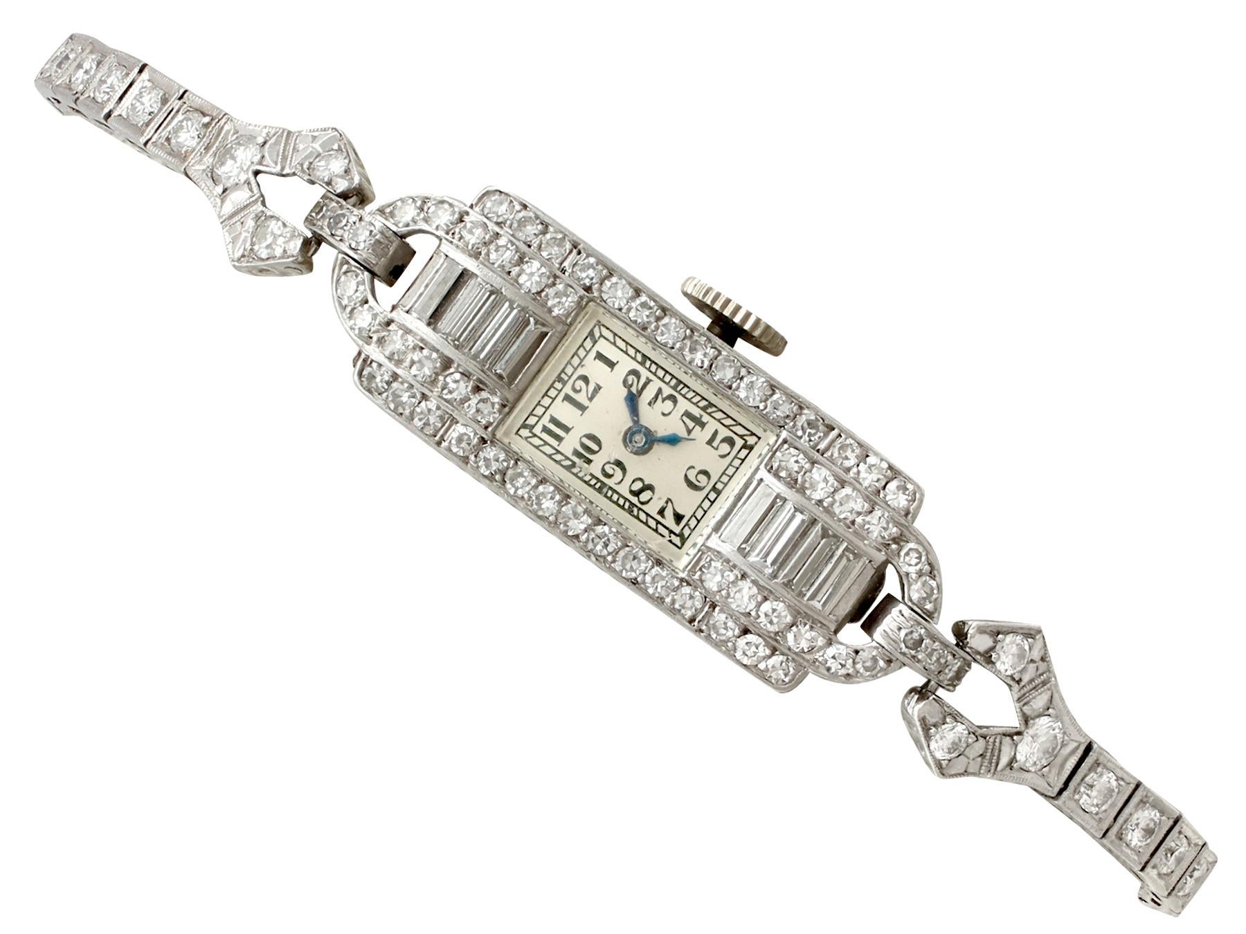 A stunning, fine and impressive antique 2.24 carat diamond and platinum Art Deco cocktail watch; part of our antique watch and diamond jewelry collections

This stunning antique diamond cocktail watch has been crafted in platinum.

This ladies