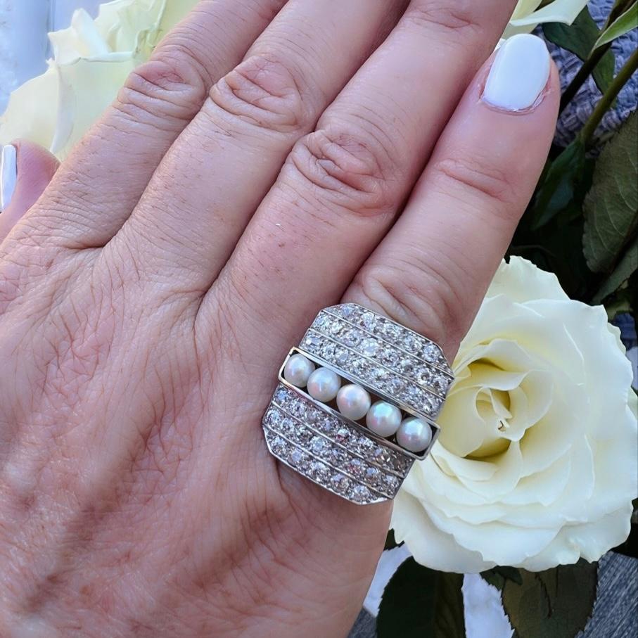 Art Deco Antique Platinum Diamond & Pearl Ring For Sale