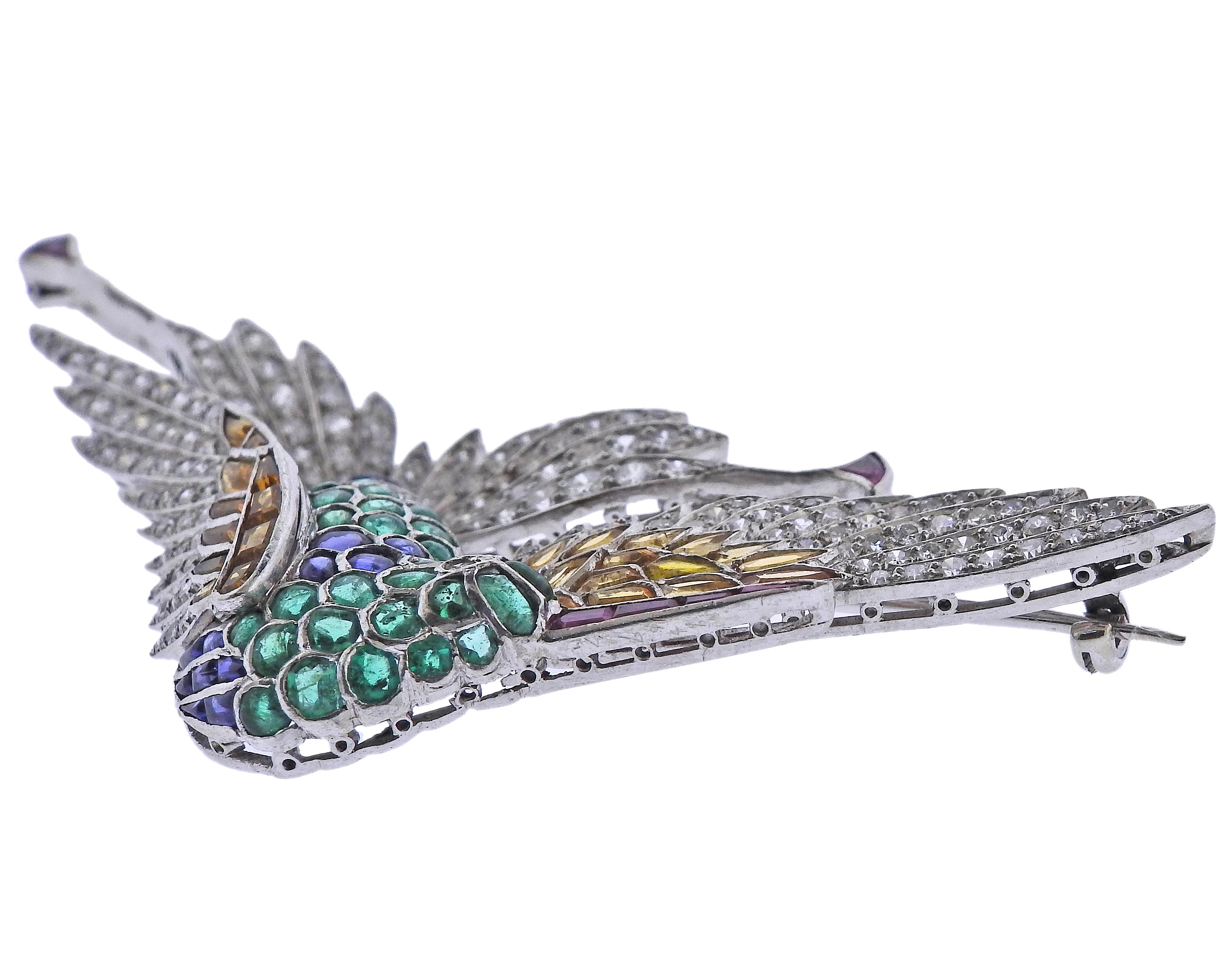 Round Cut Antique Platinum Diamond Ruby Citrine Emerald Sapphire Bird Brooch